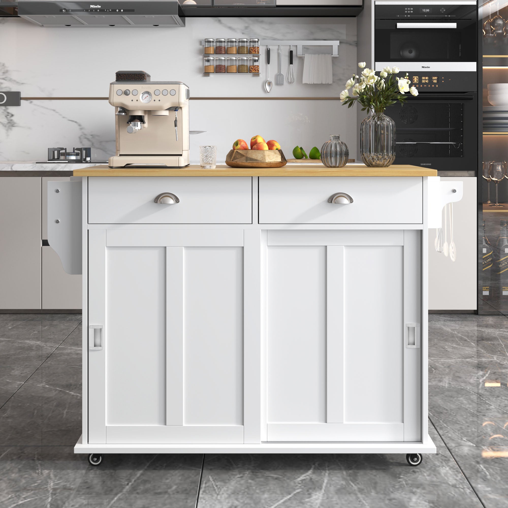 Wózek jadalniany/taca, 112x40(70)x94 cm, biały, składany blat z litego drewna, wymienne kółka i nóżki z litego drewna