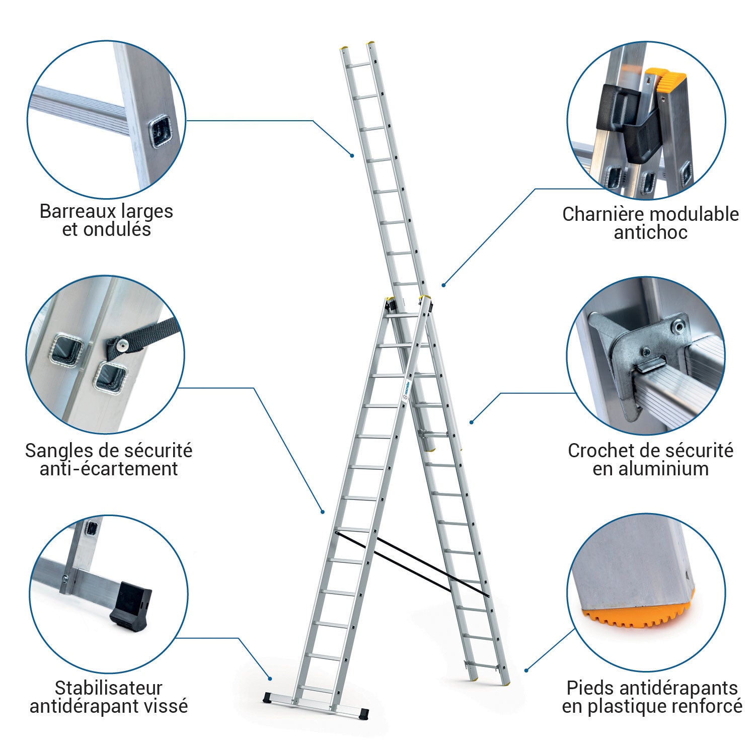HOSTRÖM Echelle transformable 3 plans StablePro 3x13 marches aluminium extensible coulissante, 6 positions, hauteur travail max 8,61m, garantie 5 ans - 2