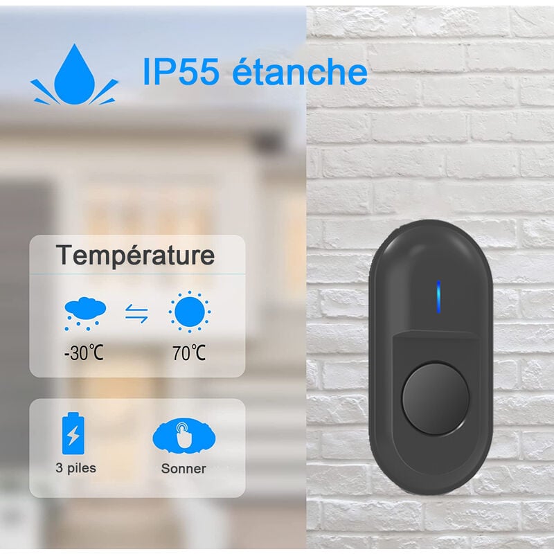 Sonnette de Porte sans Fil 300M IP55 Étanche Carillon Electronique avec Récepteur Enfichable pour la Maison 55 Mélodies LED Noir - 3