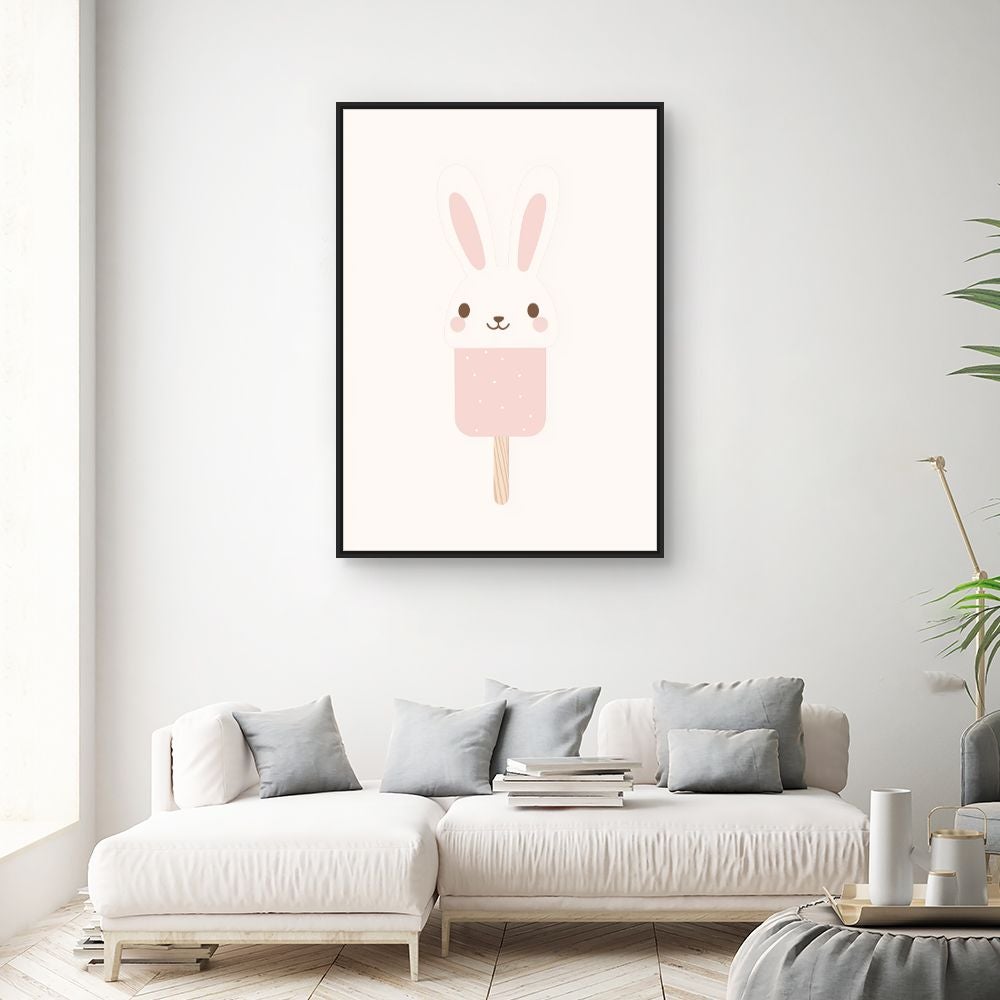 Tableau imprimé et encadré pour enfants 'Lapin glacé mignon' / 100x140cm / Cadre Noir / Fabriqué en France / Toile murale / DADA ART - 2