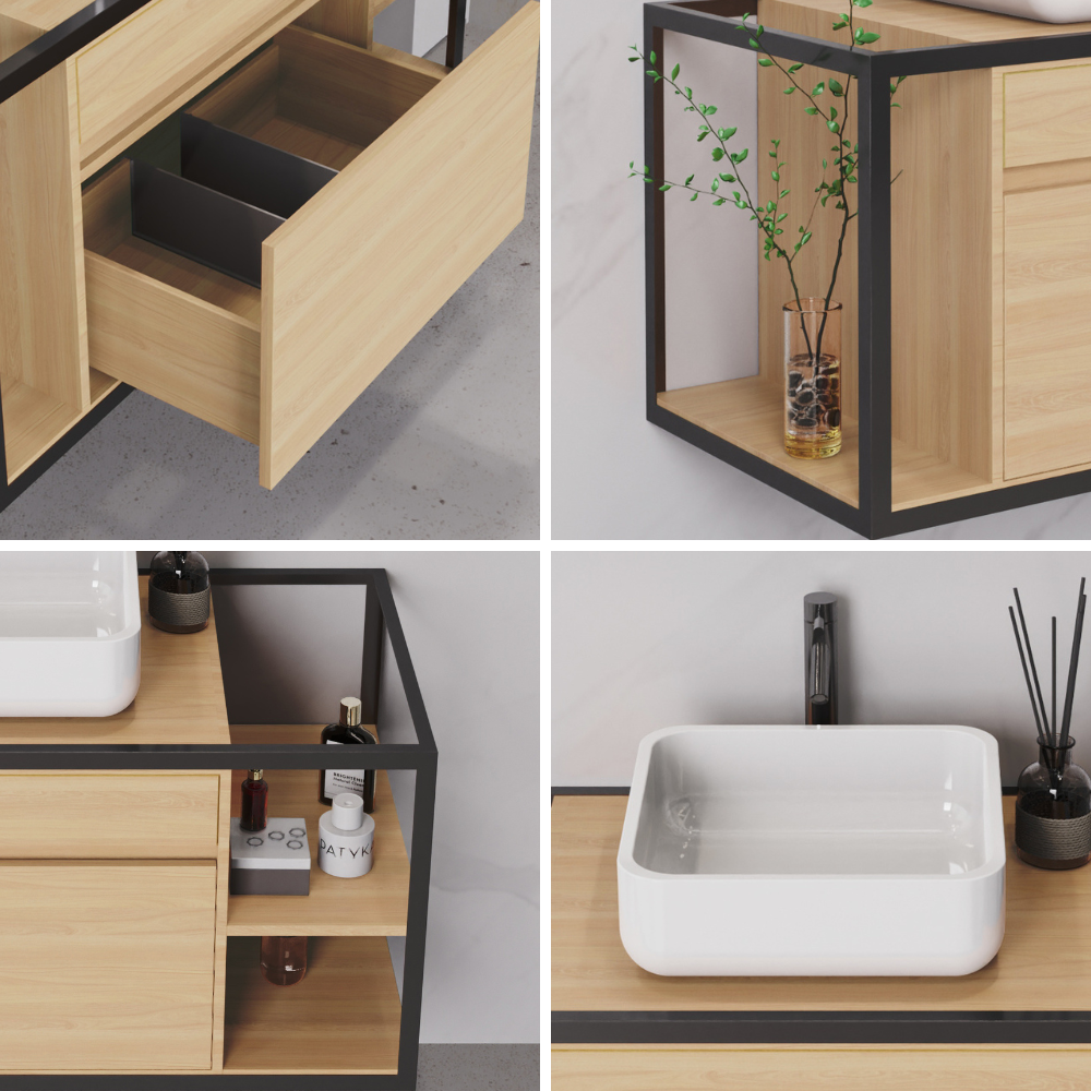 Meuble de salle de bain suspendu sous lavabo 2 tiroirs Lavabo et miroir 100 cm Design moderne 3 étagères Design industriel, chêne - ZIK - 6