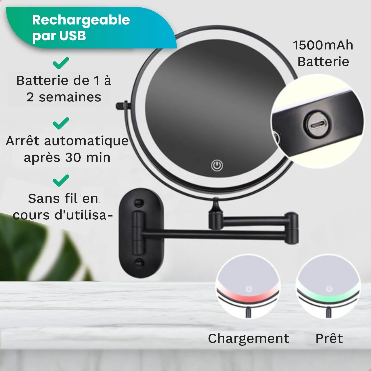 Mirlux Miroir de maquillage avec éclairage LED - Rechargeable - Grossissement x5 - Miroir de rasage - Miroir de salle de bain - Noir - 7