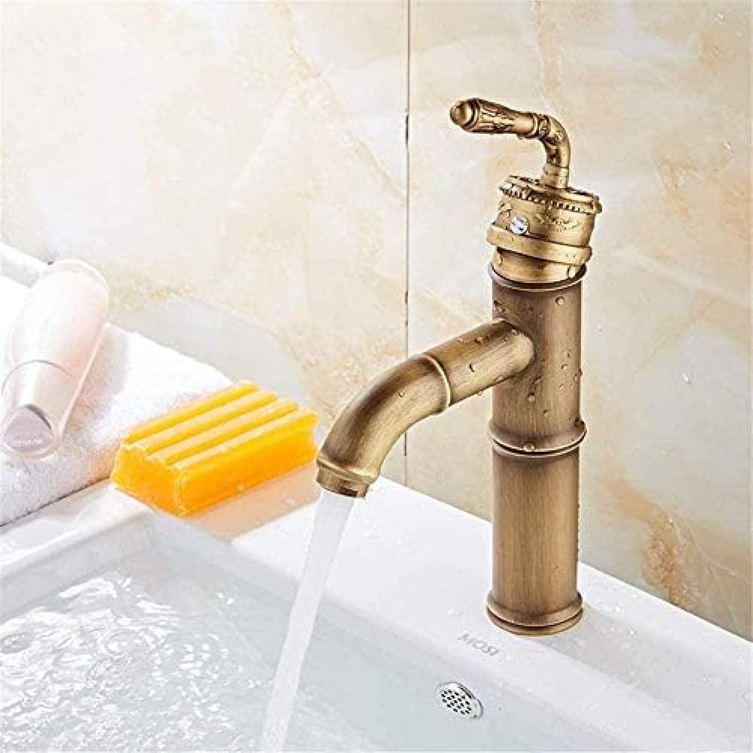 Bateria umywalkowa do łazienki, bateria z zimną wodą, bambusowa umywalka jednouchwytowa w kolorze antycznego mosiądzu, bateria kuchenna montowana na