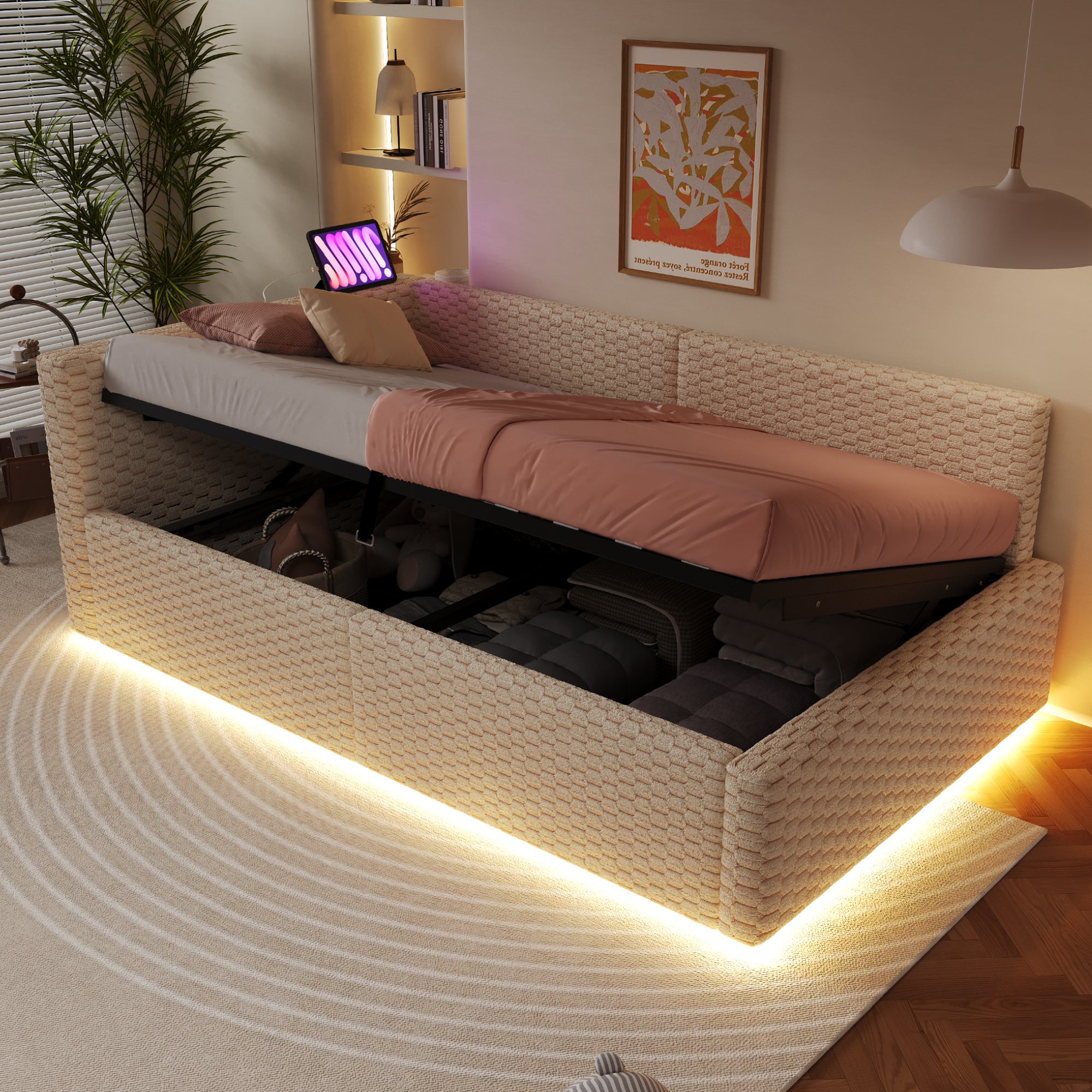 Tapicerowana sofa rozkładana z pojemnikiem 90x200 cm - z oświetleniem LED - z interfejsem Tape-C + 2 porty USB - beżowa