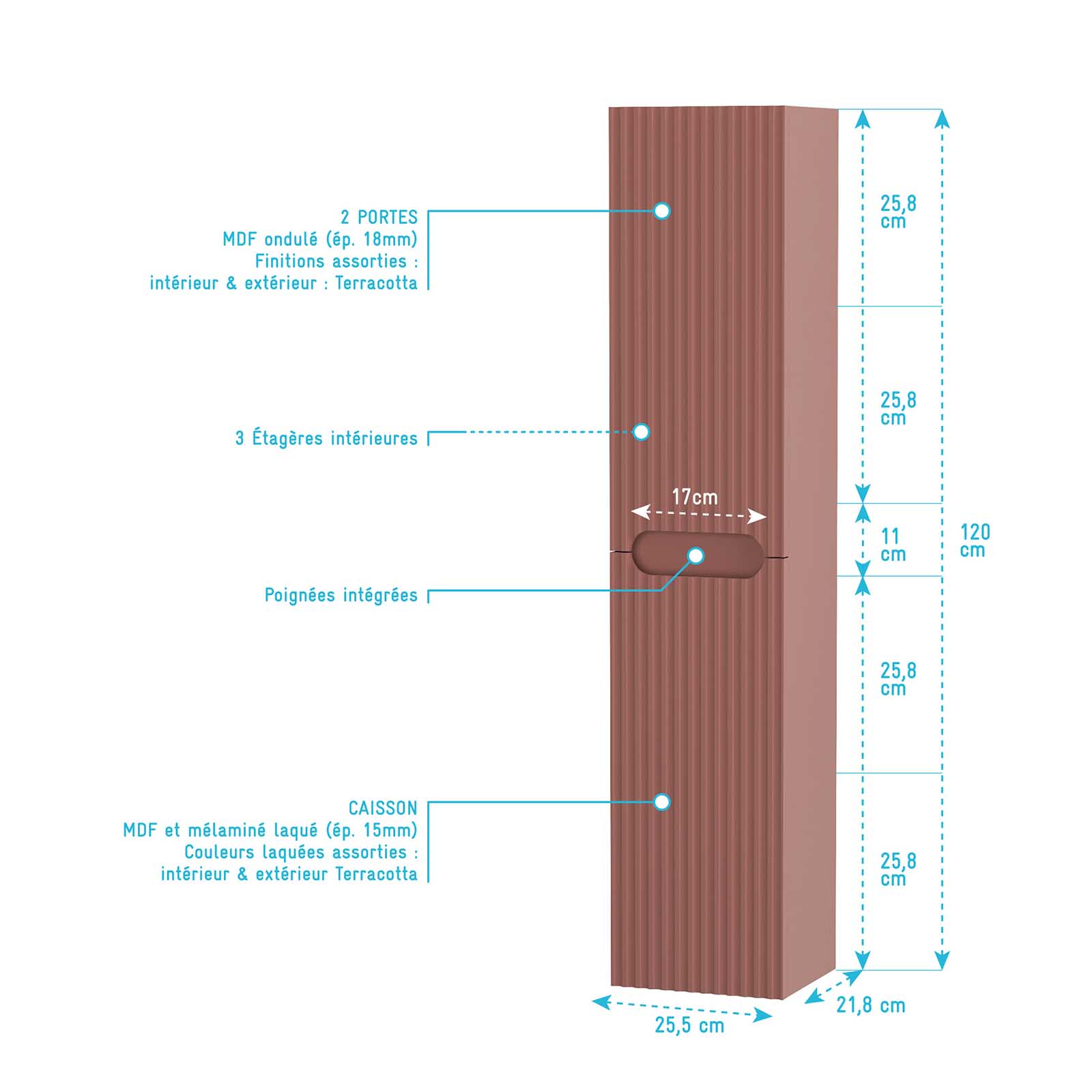 Meuble et colonne de Salle de Bains LEON 80cm Terracotta - Façades Ondulées - Vasque Blanche Mate - 5
