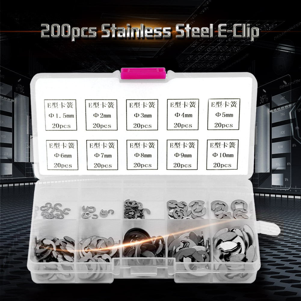 Assortiment de 200 clips de retenue e-clip en acier inoxydable, tailles m1.5 à m10 - 3