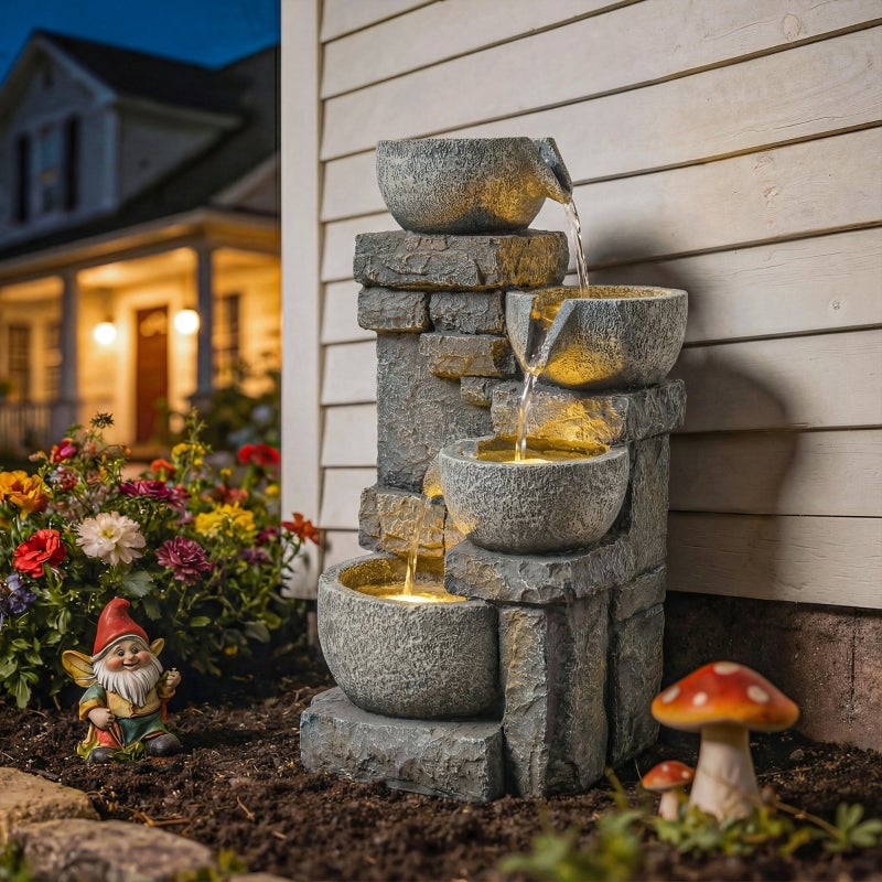 Fontaine de Jardin Cascade 4 Niveaux Effet Pierre et Brique avec LED 28 x 25 x 54,5 cm Gris - 3
