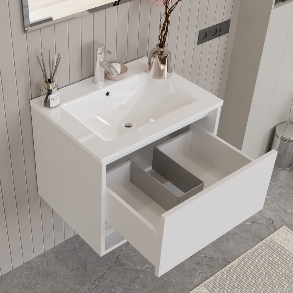 Mueble De Baño Suspendido ERA 60 Cm - Incluye Lavabo, Espejo Y Luz LED, Blanco Ártico, 62x47x53 Cm
