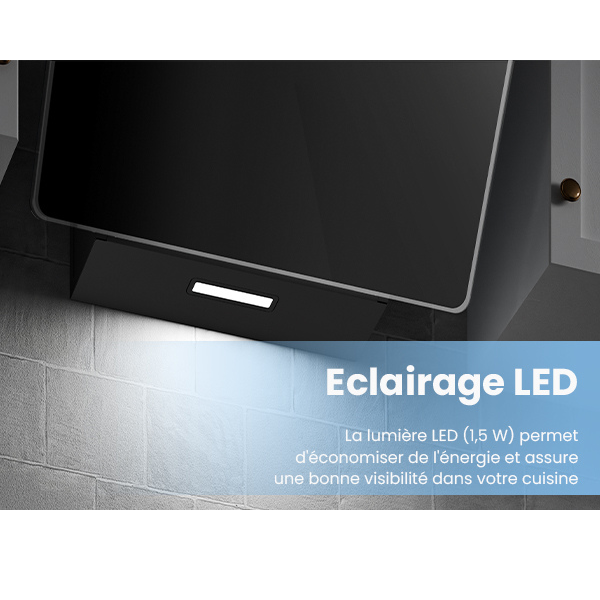 COMFEE Hotte Aspirante Inclinée 60cm - 400m³/h - Commandes Sensitives - 3 vitesses - 2 Filtres à Charbon - Verre Noir - 7