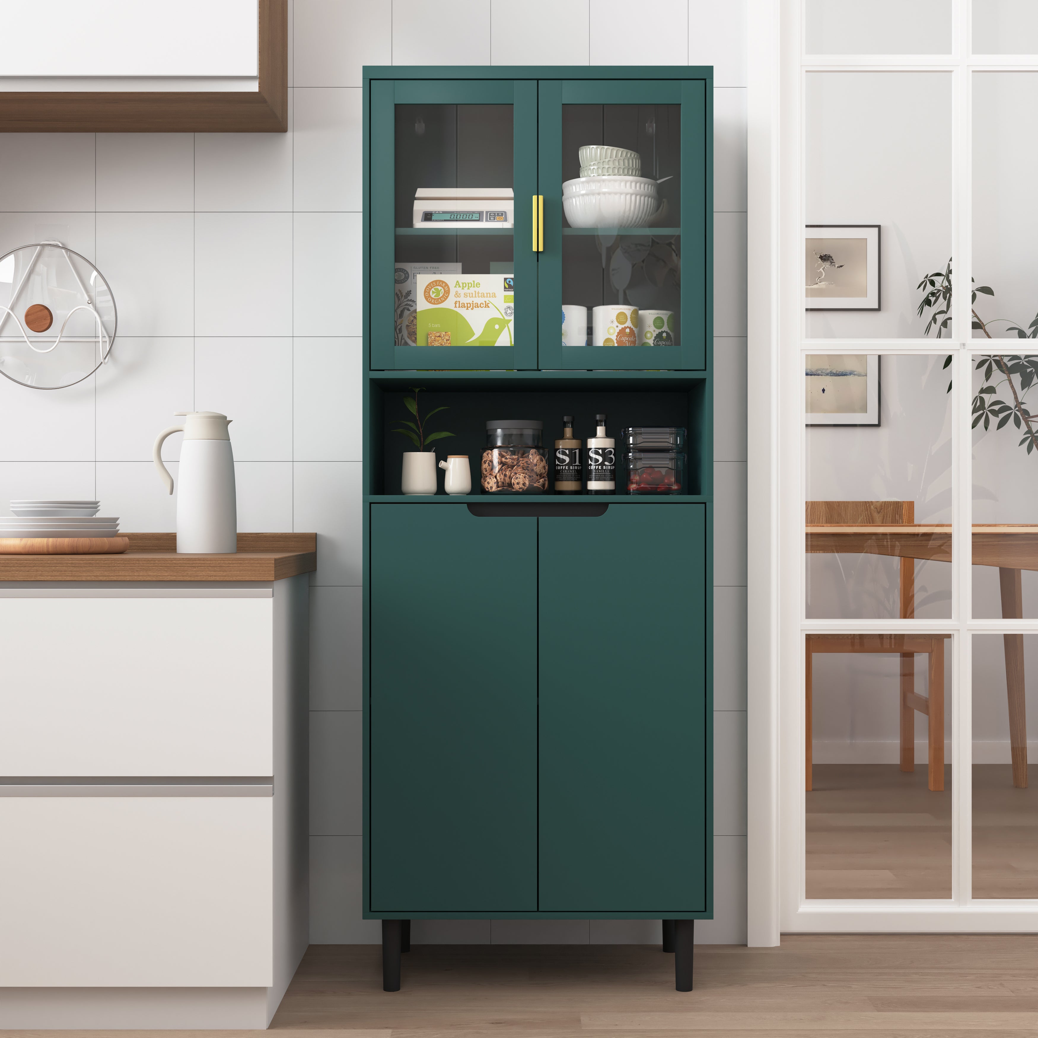 Bibliothèque, Avec 4 Portes En Verre Trempé Et Étagères Réglables , Meuble De Rangement Pour Salon Ou Chambre, Panneau De Particules , Vert - 3