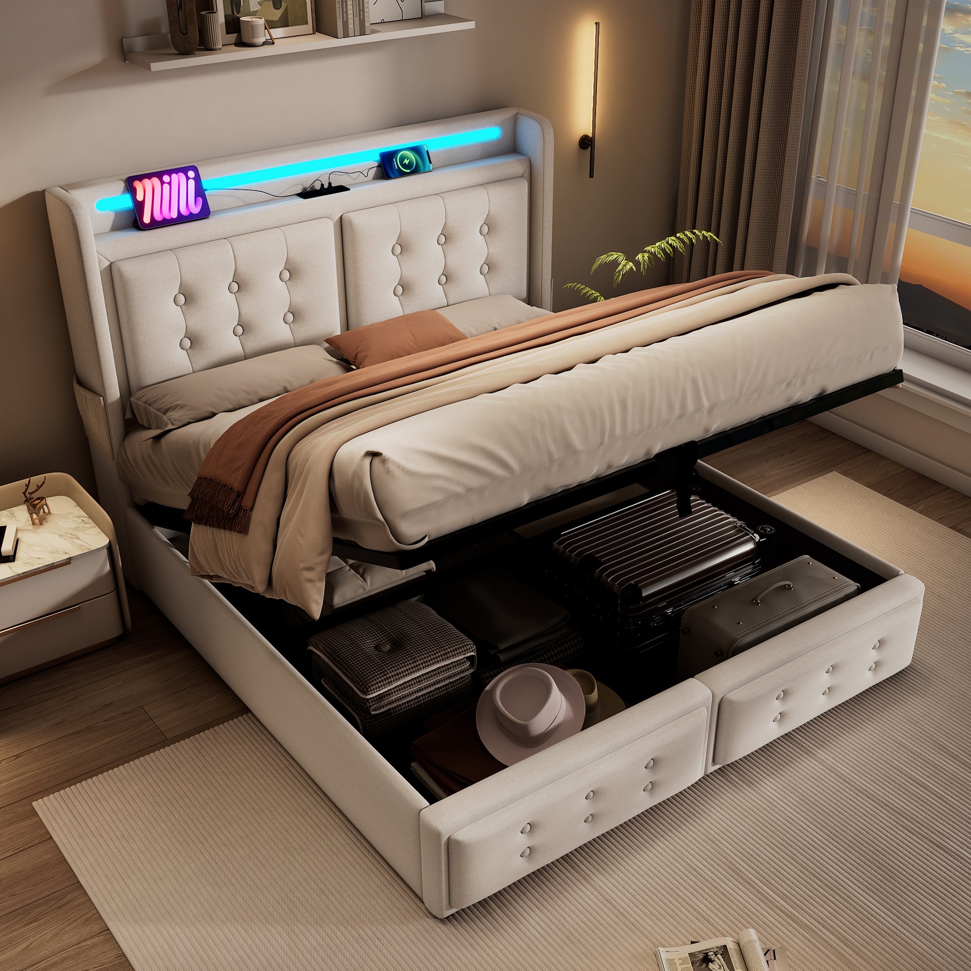 Cama contenedor 140 x 200 cm con cabecero LED, toma USB tipo C - Tejido de algodón - Beige (sin colchón) - 8