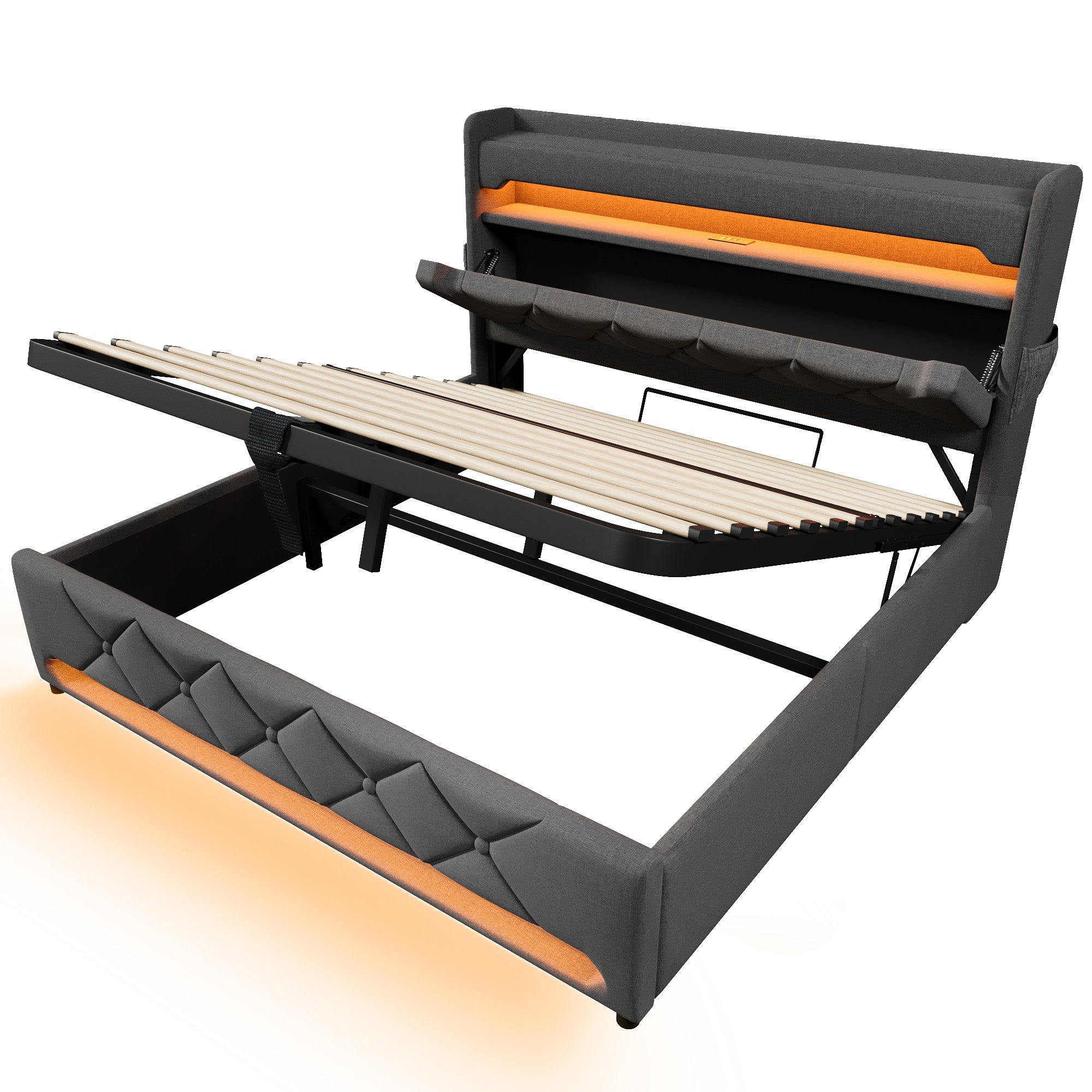Cama tapizada con almacenamiento 160x200 cm - con LED y puertos USB de carga - tejido de lino - cabecero con espacio de almacenamiento - Gris - 6
