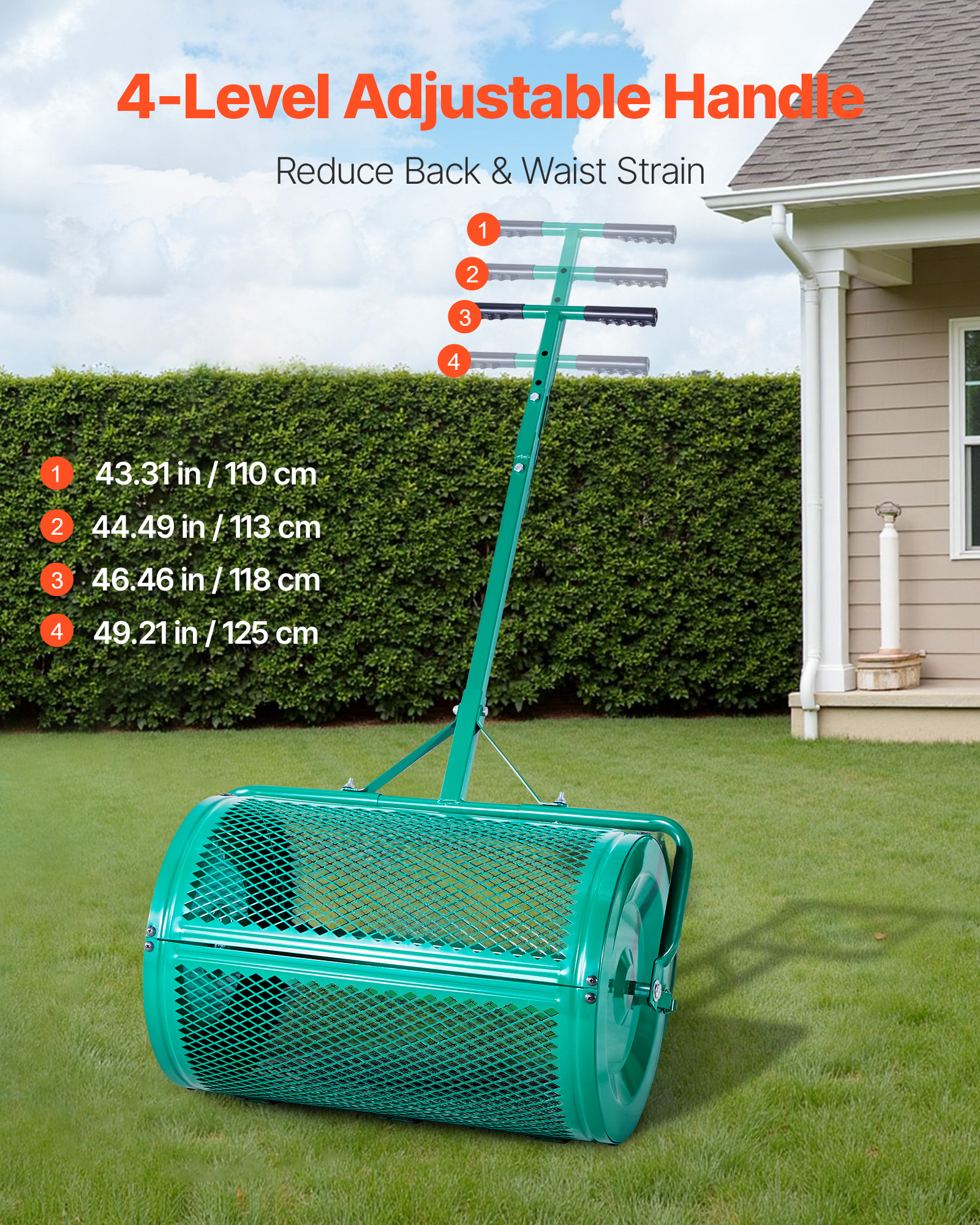 Spandiconcime per compost VEVOR, acciaio, 60 cm, a rullo, manico a T regolabile, cestello a rete, per prati/terreni agricoli, verde - 3