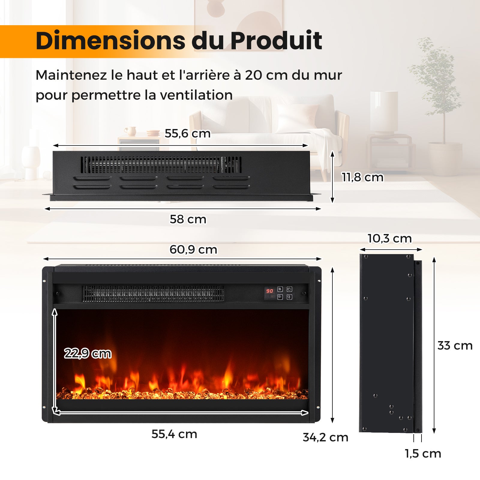 61 cm Chimenea eléctrica con efecto de llama LED de 1500 W, calefacción ajustable de 17 a 32 ℃, chimenea artificial con 8 colores - 4