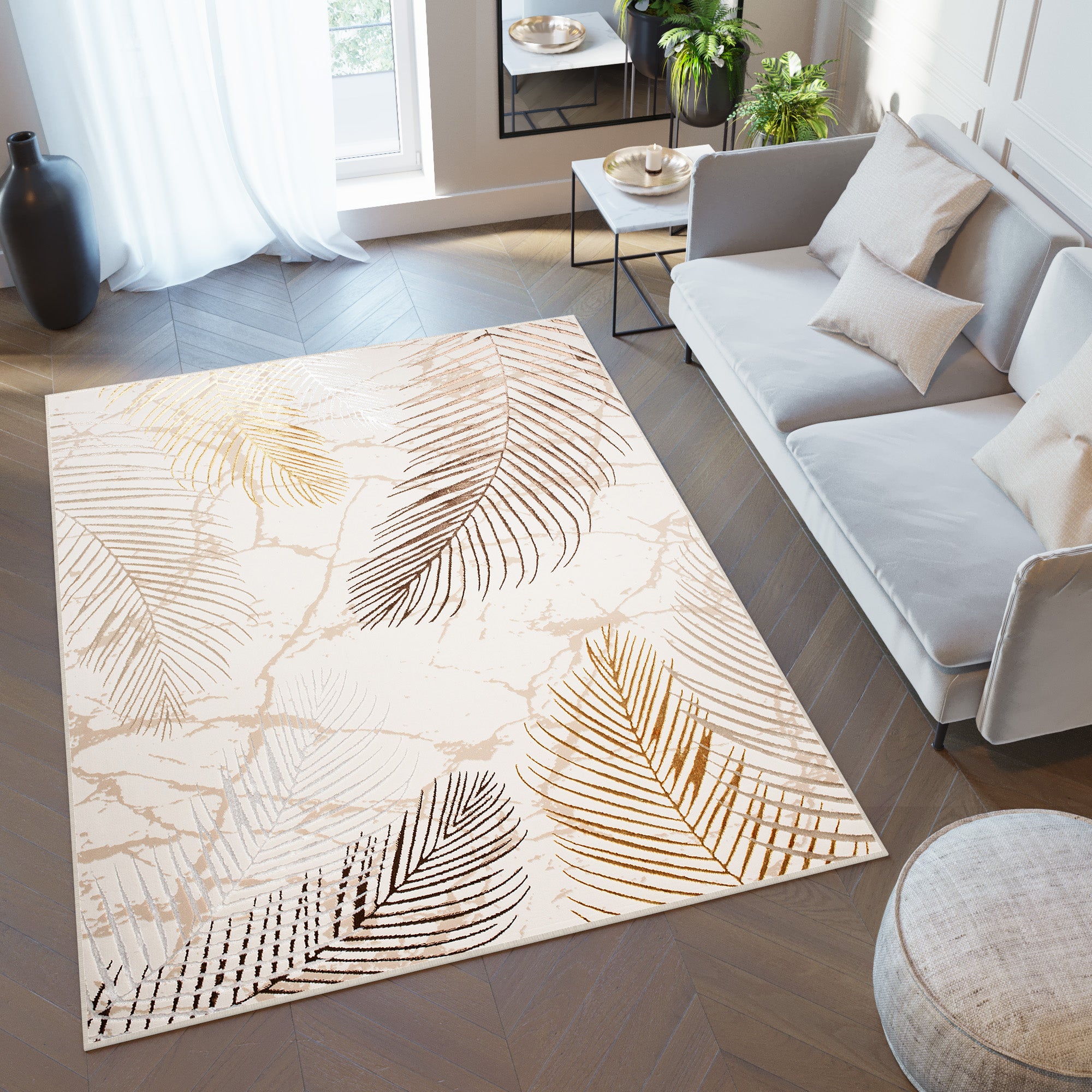 TAPISO Golden Tapis de Salon Moderne Crème Or Beige Marron Gris Moucheté Motif Feuille de Palmier Doux Poil Court 80 x 150 cm - 6