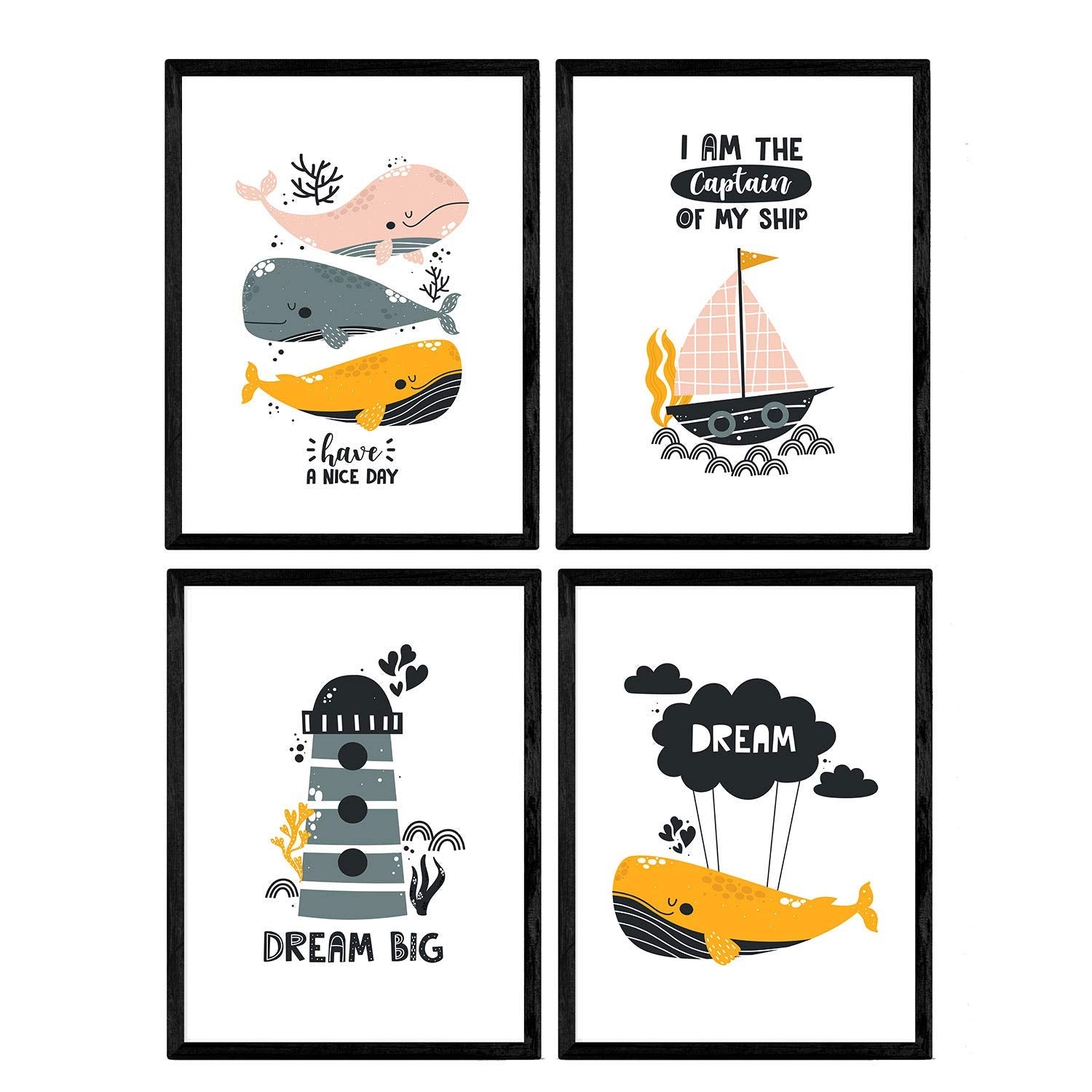 Pack de cuatro posters con ilustraciones de ballenas láminas con imágenes infantiles de ballenas faro marino en el fondo del mar sin marco a4