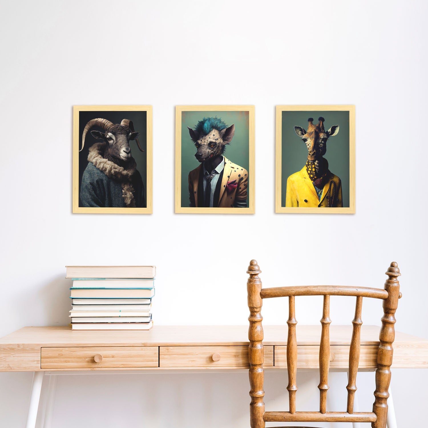 Animal humano nacnico birdorn jirafa hiena. estampados de arte de pared estético para el diseño de dormitorio o sala de estar marco madera clara - a4