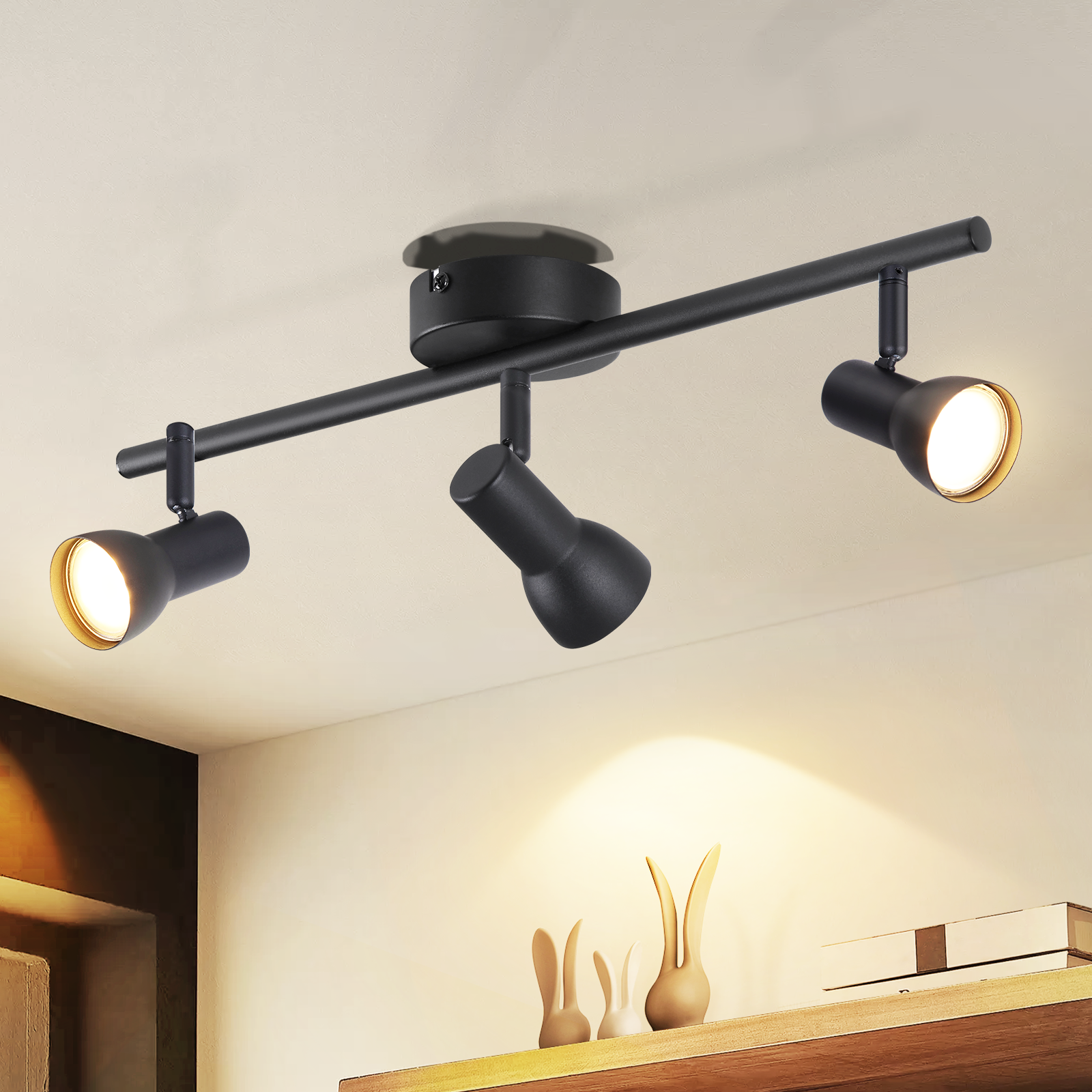 ZMH Czarna lampa sufitowa 3-punktowa z regulowanymi reflektorkami GU10 (obrót o 350°), metalowa, nowoczesny design (żarówki nie są dołączone)