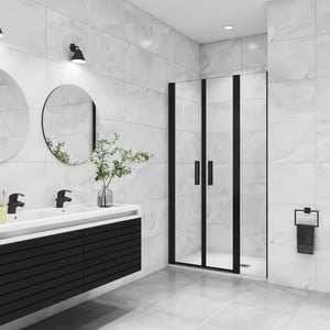 Porte de douche battante 130x200cm avec un élément fixe, profilé noir mat, Porte de douche Hauteur 200cm en 8mm verre anticalcaire