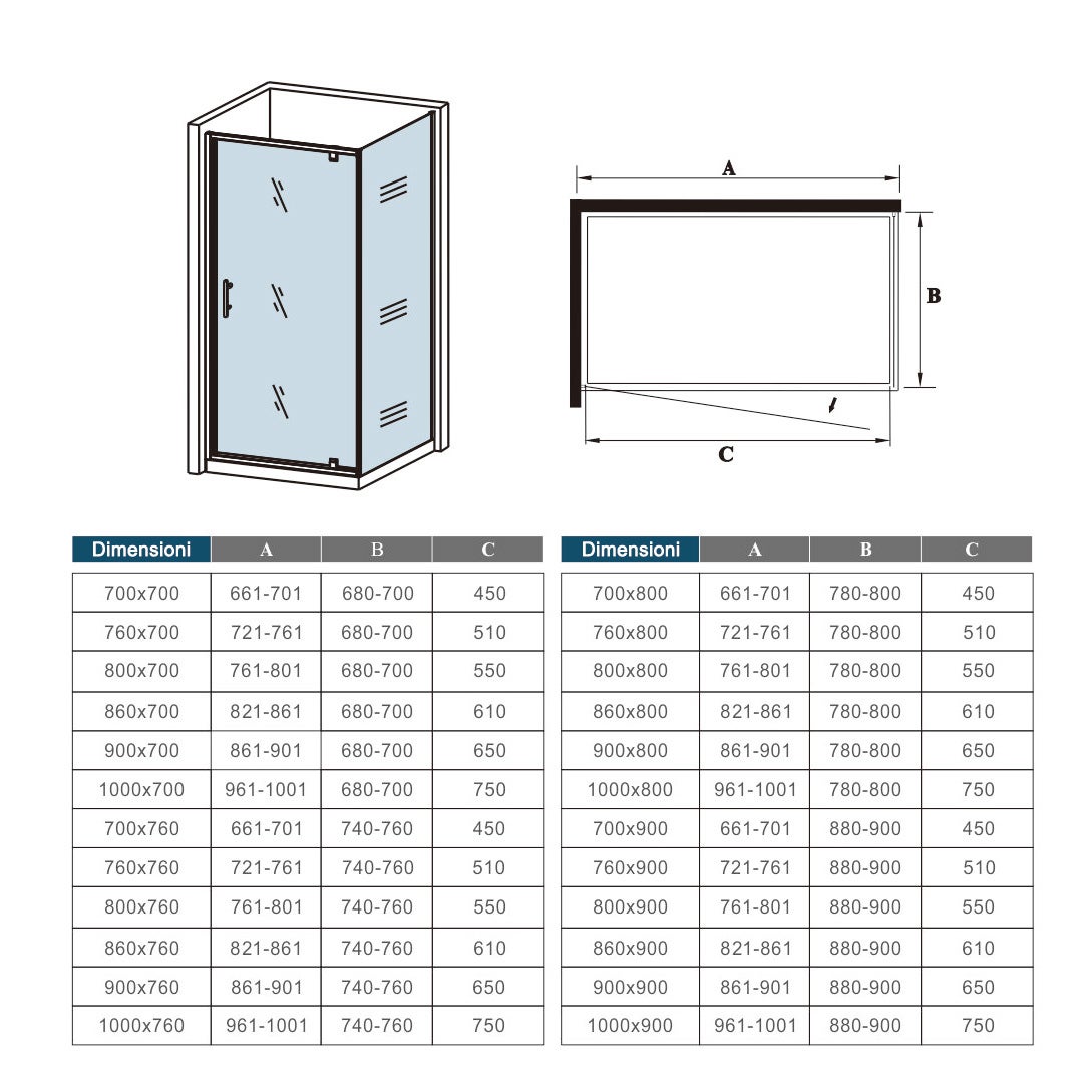 185cm Box Doccia Angolare Porta Girevole Battente con Parete Fissa 90x70cm in Vetro Temperato Trasparente 5 mm Profilo Cromo Lucido - 8
