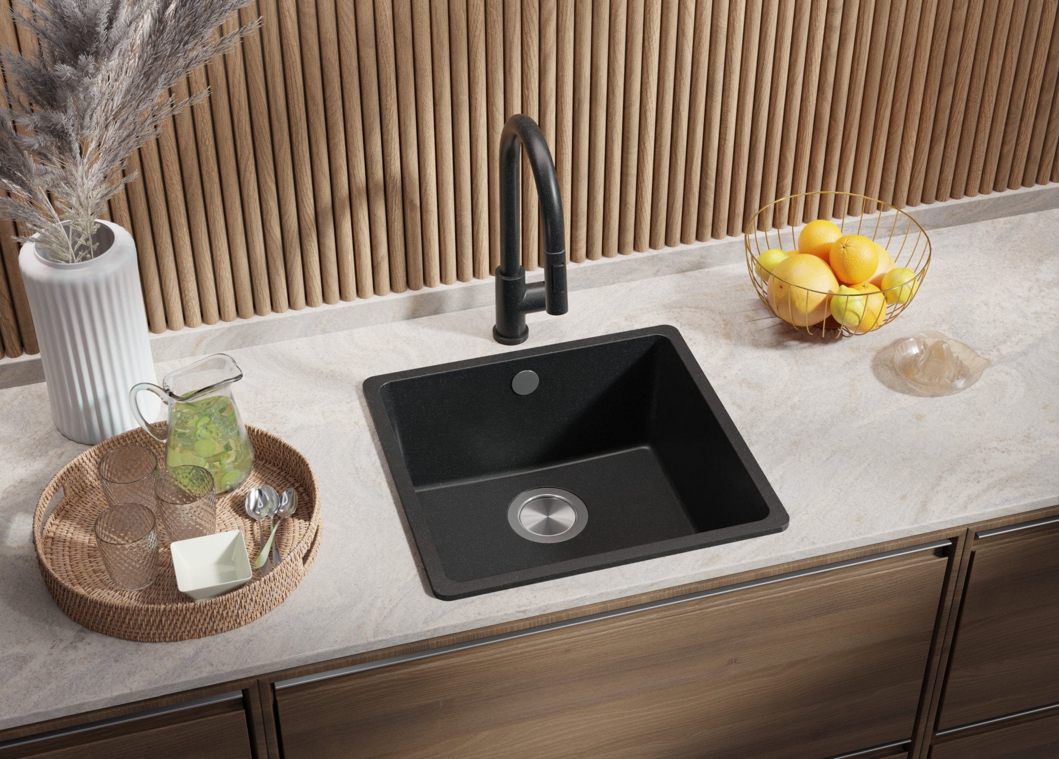 Evier Cuisine en Granit Graphite 46x44cm, Lavabo 1 bac + Kit de Vidage, Évier à Encastrer au meuble 50cm - Venise Slim Easy PRIMAGRAN - 2