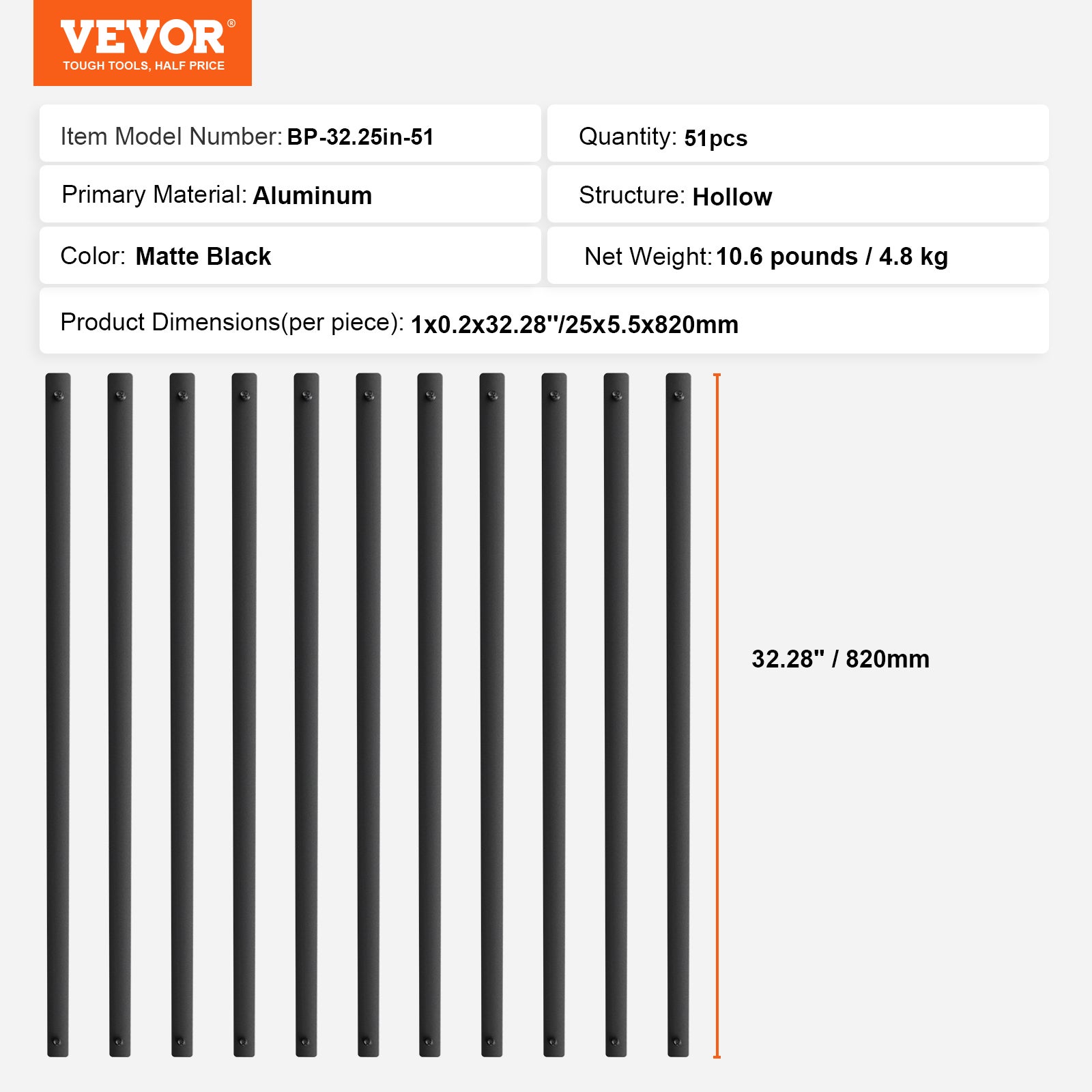 Balustres métal,VEVOR 820 x25 mm,broche rampe plate alliage d'aluminium,51tiges pont vis,balustrade creuse classique,revêtementpoudre noir satiné - 7