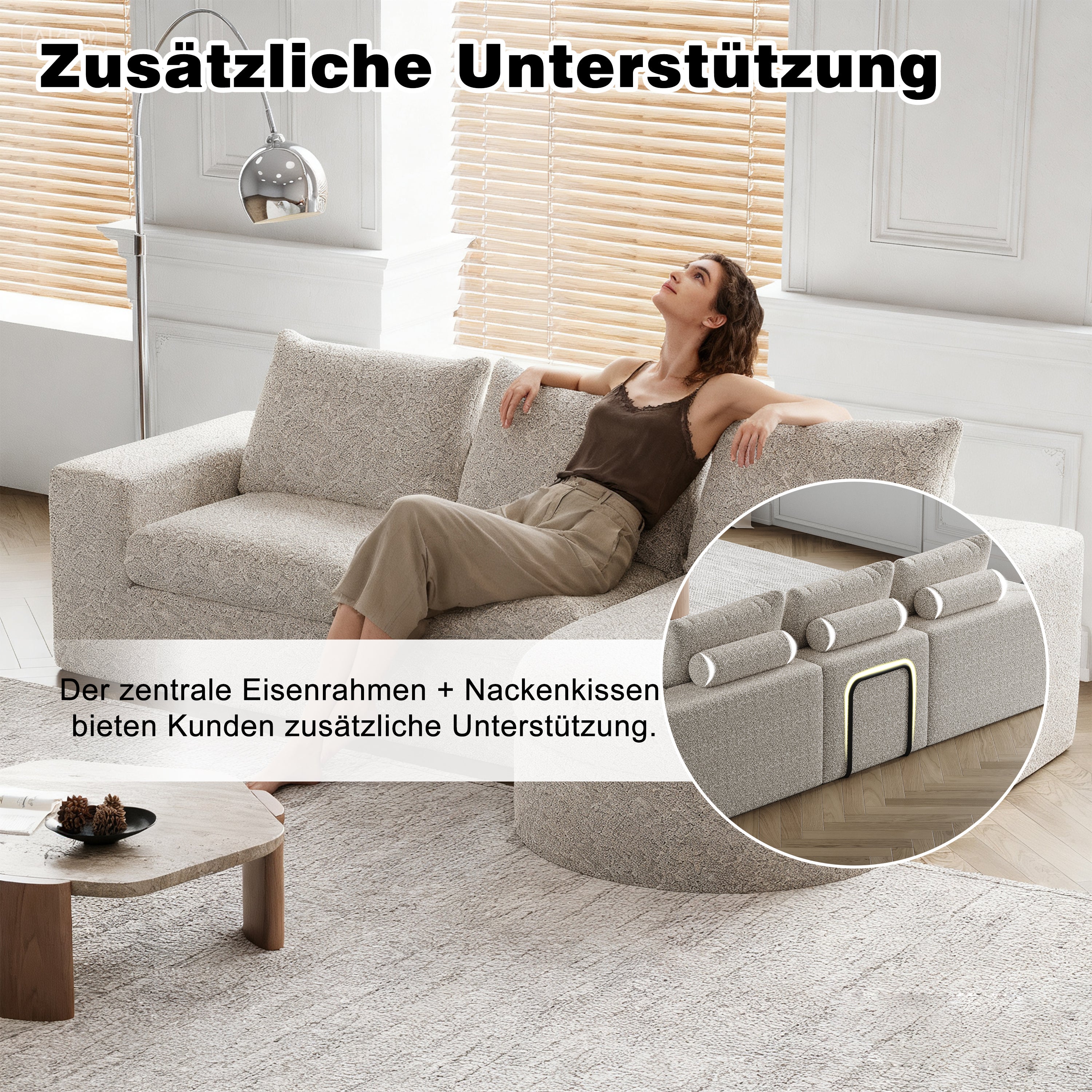 Divano modulare, divano moderno in tessuto ciniglia, design modulare, bianco (263x171x66 cm