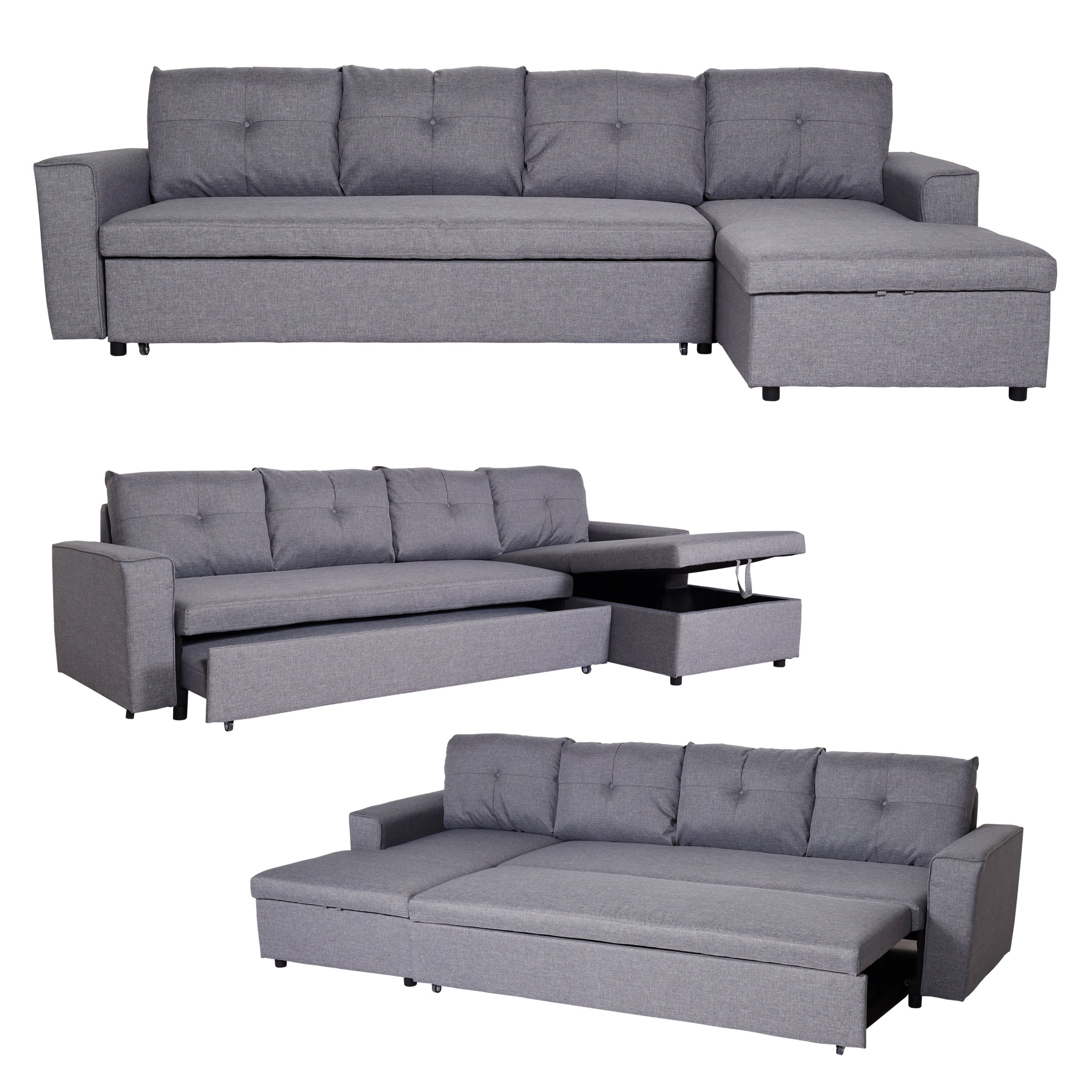 Divano Angolare Con Penisola E Letto HWC-L16 – Tessuto Grigio, Molle Nosag, Vano Contenitore, 4 Cuscini Inclusi, Configurazione Destra O Sinistra