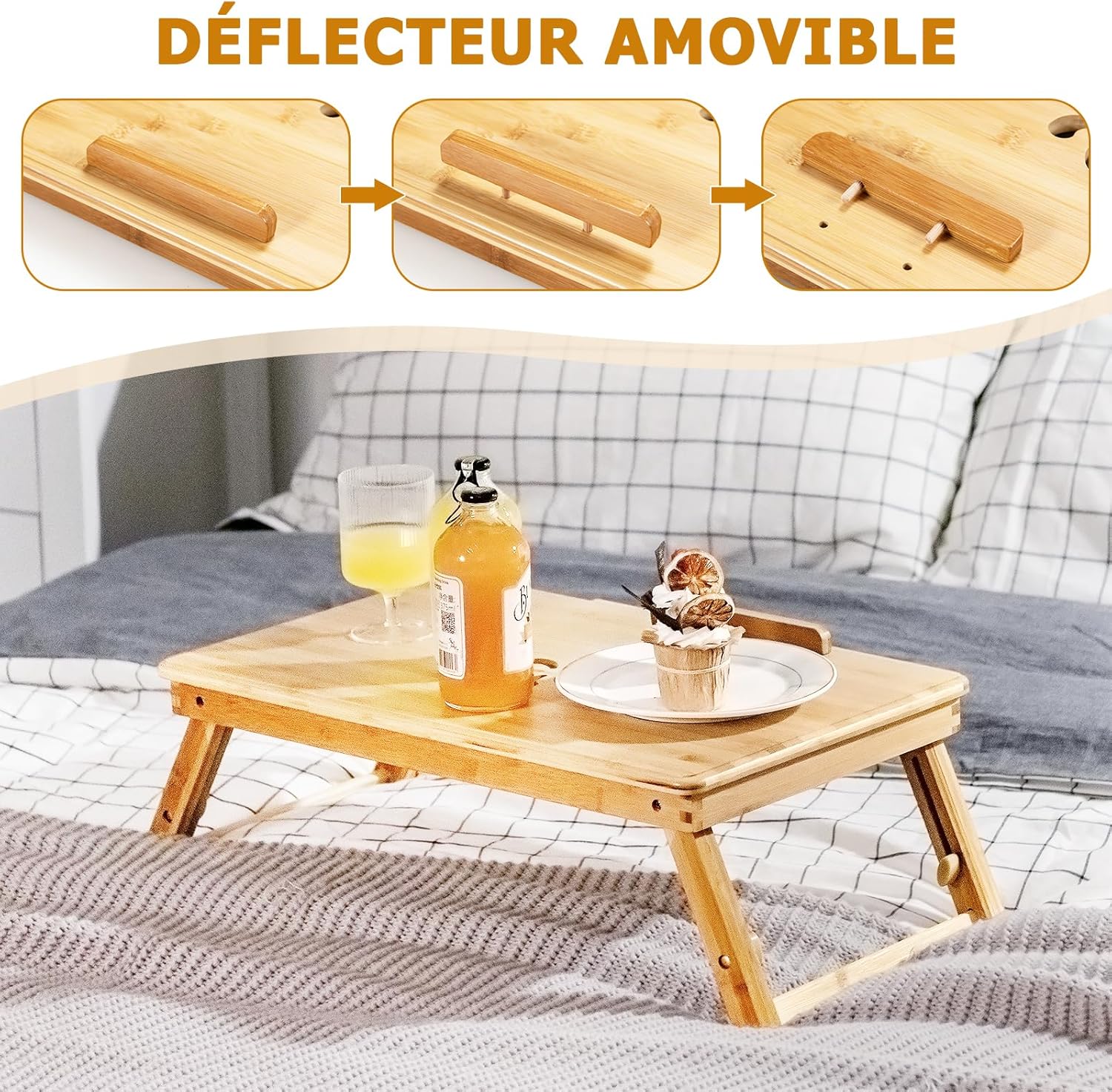 Table de Lit Pliable, Hauteur Réglable, Plateau Inclinable à 4 Niveaux, Bureau d'Ordinateur en Bambou avec Trous de Ventilation, Tiroir (Naturel) - 3