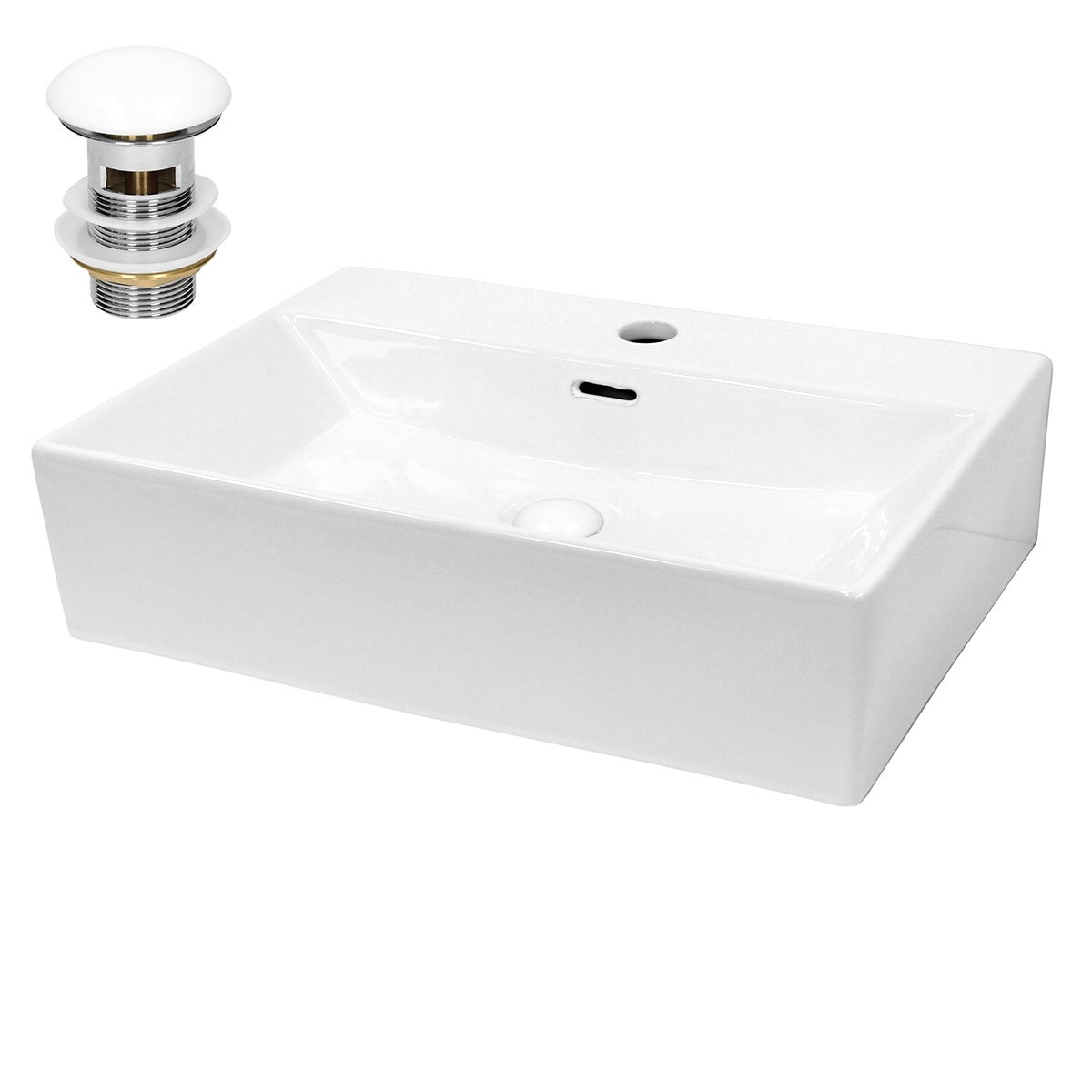 Lavoar de baie LuxeBath 51,5x36x13 cm, din ceramica, cu ventil pop-up, cu preaplin si orificiu pentru baterie, chiuvetă suspendata sau pe blat, alb