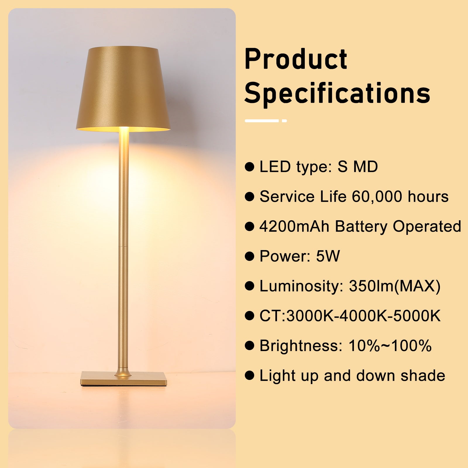 Lampe de Table Rechargeable Portable LED CCT 3000K-4000K-6000K en Aluminium Doré, IP44, 1.5W, Tactile avec Intensité Réglable - 6