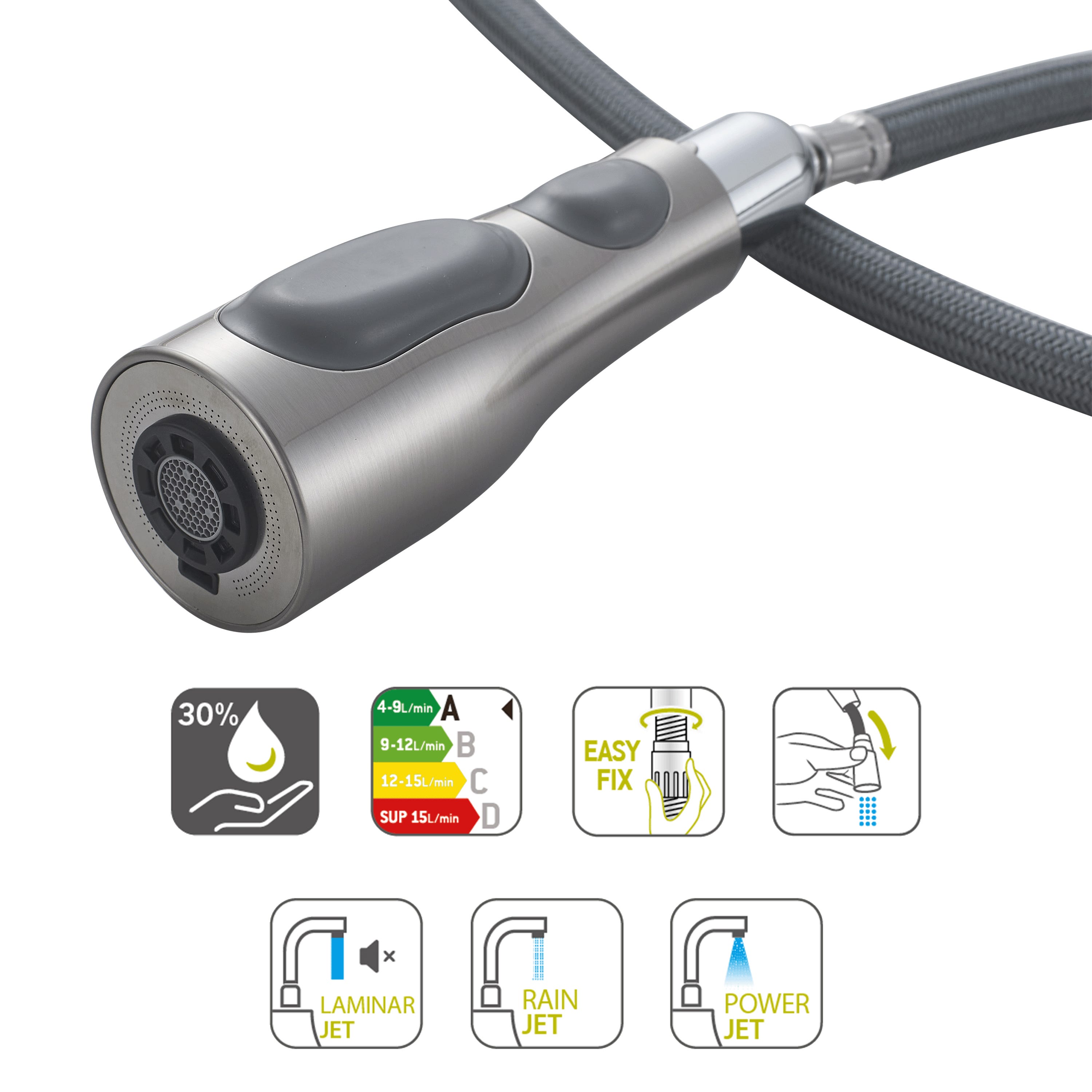 Rubinetto da cucina con canna alta e doccetta estraibile FANNY - 3 tipi di getto - Cromo spazzolato - DELINIA - 5