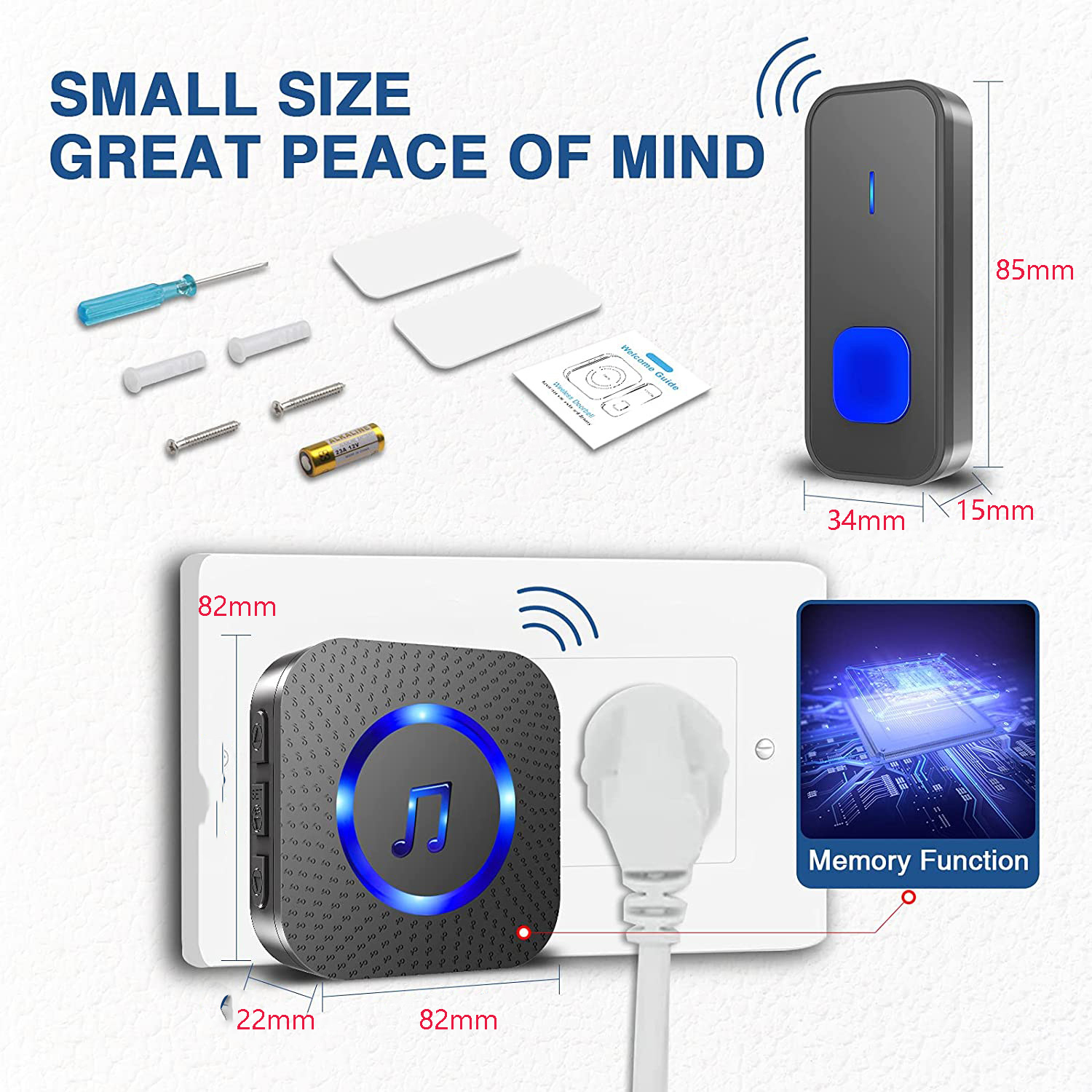 Sonnette sans fil, portée 400 m, étanchéité IP55, 55 mélodies, 5 niveaux de volume, voyant LED, pour la maison et l'hôtel (1 émetteur + 2 récepteurs) - 5