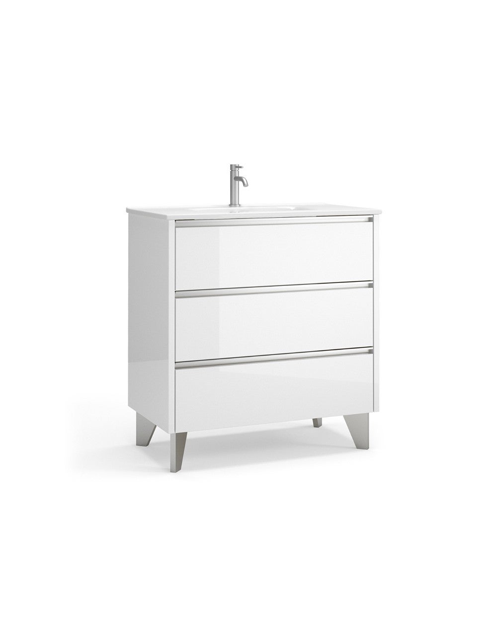 Armadio da bagno montato a pavimento con lavandino | 60 cm | 3 cassetti con chiusura e organizzatore imbottiti | Bianco lucido - Cromo lucido - 2