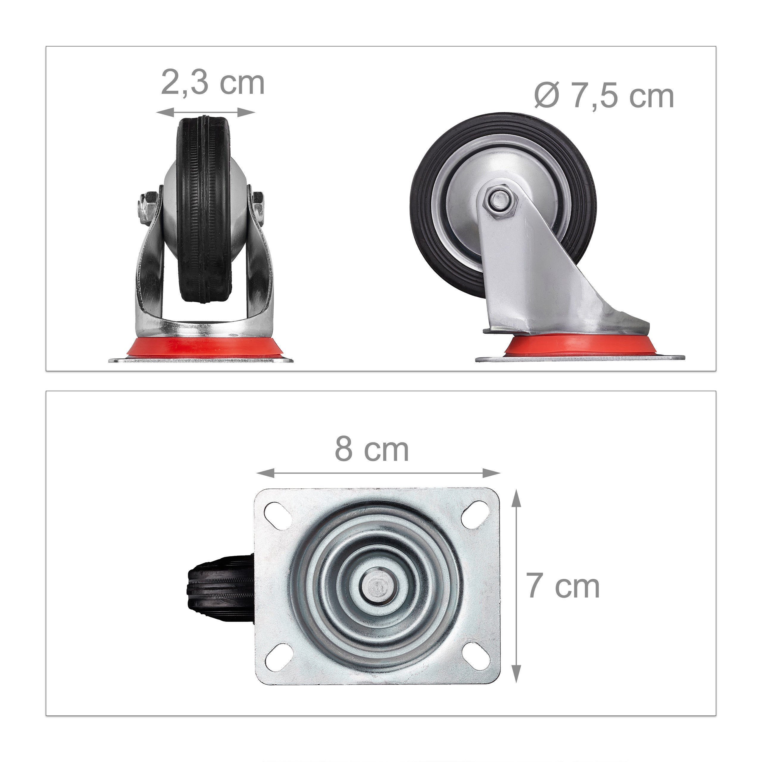 Roues charge lourde jeu de 4, pivotent à 360°, roulement à billes, 2 freins, grande capacité, 75 mm, 200kg, Relaxdays - 4