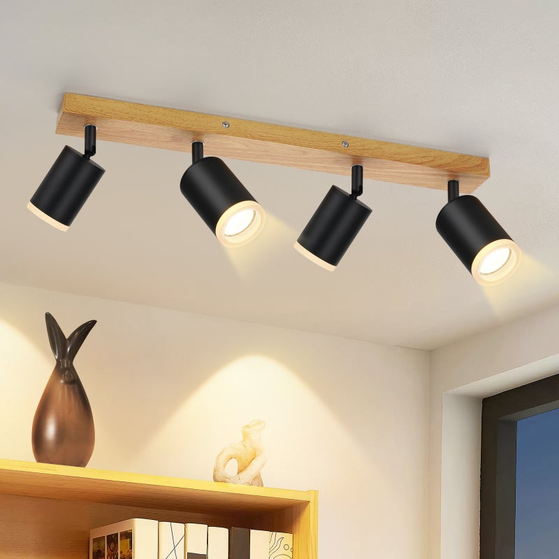 NETTLIFE Lampa sufitowa Reflektorowa sufitowy 4 płomienie Drewniana lampa sufitowa GU10 355° regulowana Czarny Vintage Industrial