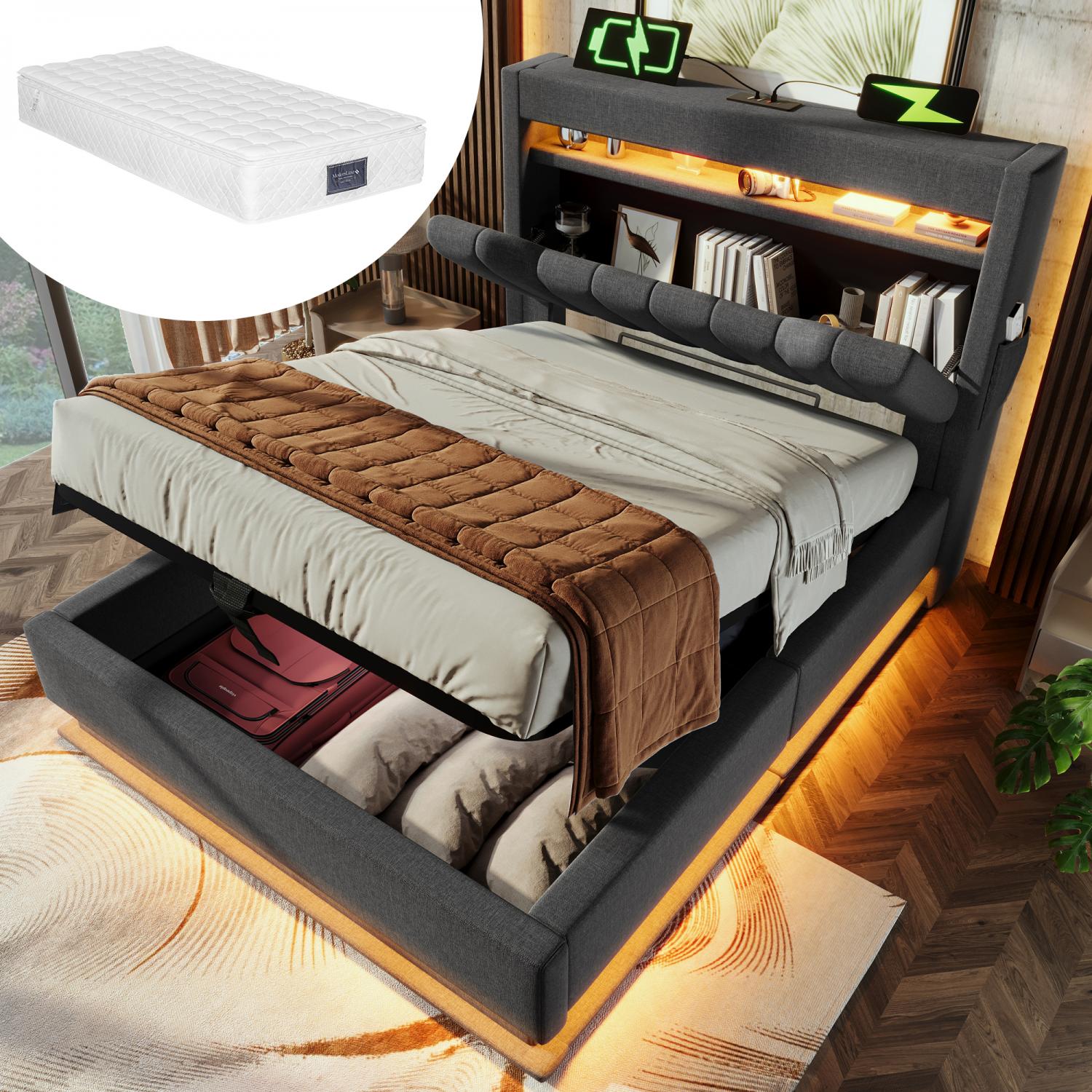 Łóżko tapicerowane 90x200cm z oświetleniem LED, zagłówkiem z wejściem USB/Typ-C, wygodnym schowkiem i materacem w zestawie
