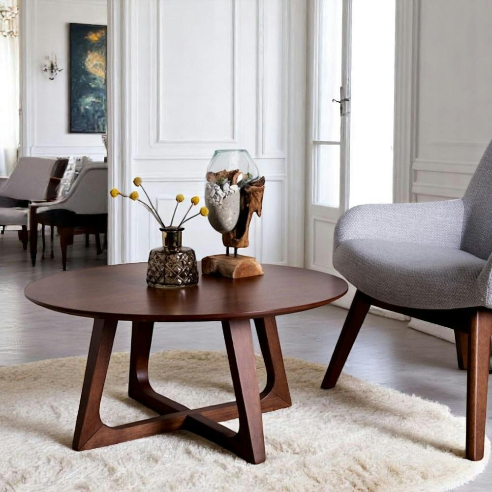 Table Basse Ronde Noyer Table basse ronde style vintage - pieds croisés, finition noyer ...