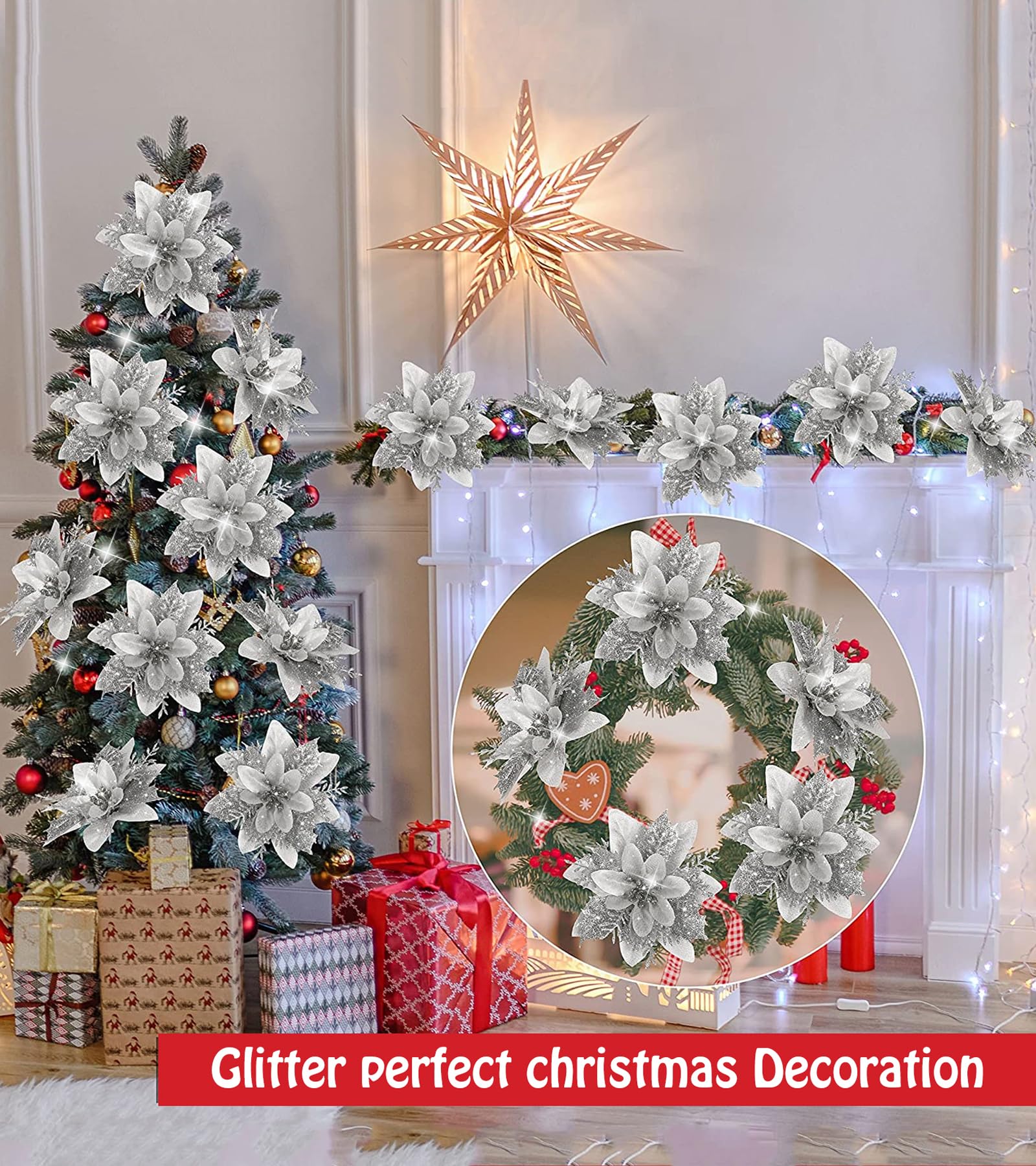 10 pièces décorations de noël, fleurs de noël artificielles avec clips, guirlande d'arbre de noël scintillante pendentifs de fleurs artificielles - 8