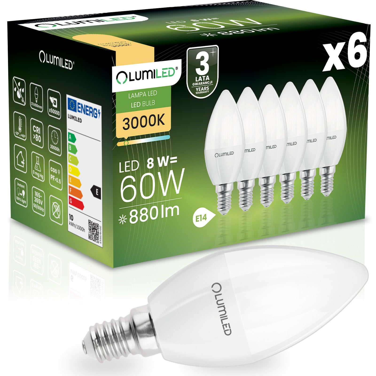 Żarówka LED Lumiled E14 B35 8W 806lm 3000K Ciepła biel 180st 6 szt.