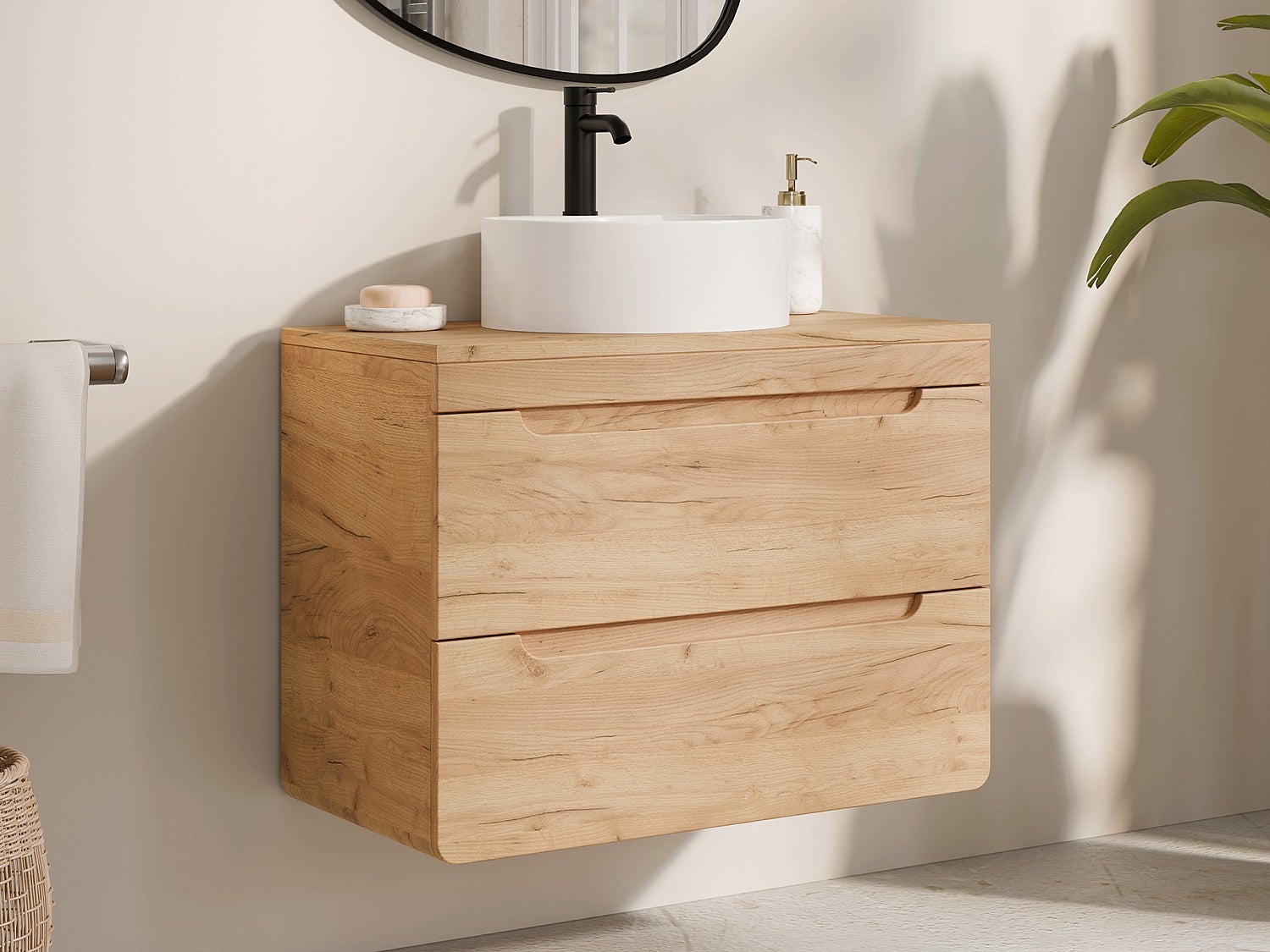 Szafka pod umywalkę wisząca z blatem - 80 cm - Naturalny jasny - ARUBA