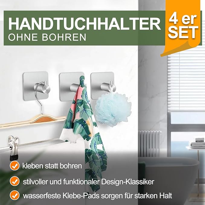 Lot de 4 Crochet Adhesif Mural - Porte Serviette Salle de Bain, Accroche Torchon Cuisine, Portemanteau Autocollant Acier Inox, Or - 2