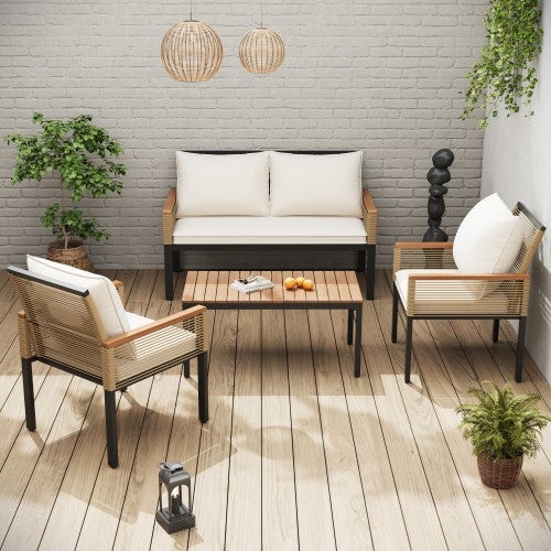 Salon de Jardin en Rotin avec Canapé Double, 2 Fauteuils et Table, Coussin Confortable pour Terrasse - 3
