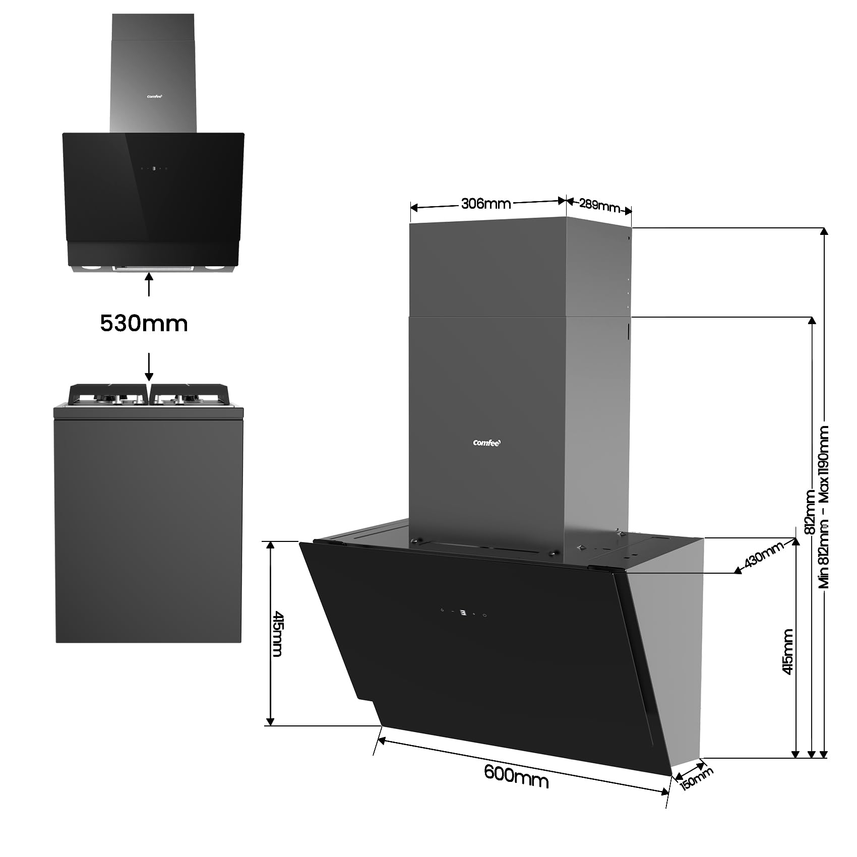 COMFEE Hotte Aspirante Inclinée 60cm - 650m³/h - Classe A+++ - Commandes Gestuelles - 4 vitesses - 2 Filtres - 2*1.5W LED - Verre Noir - 8
