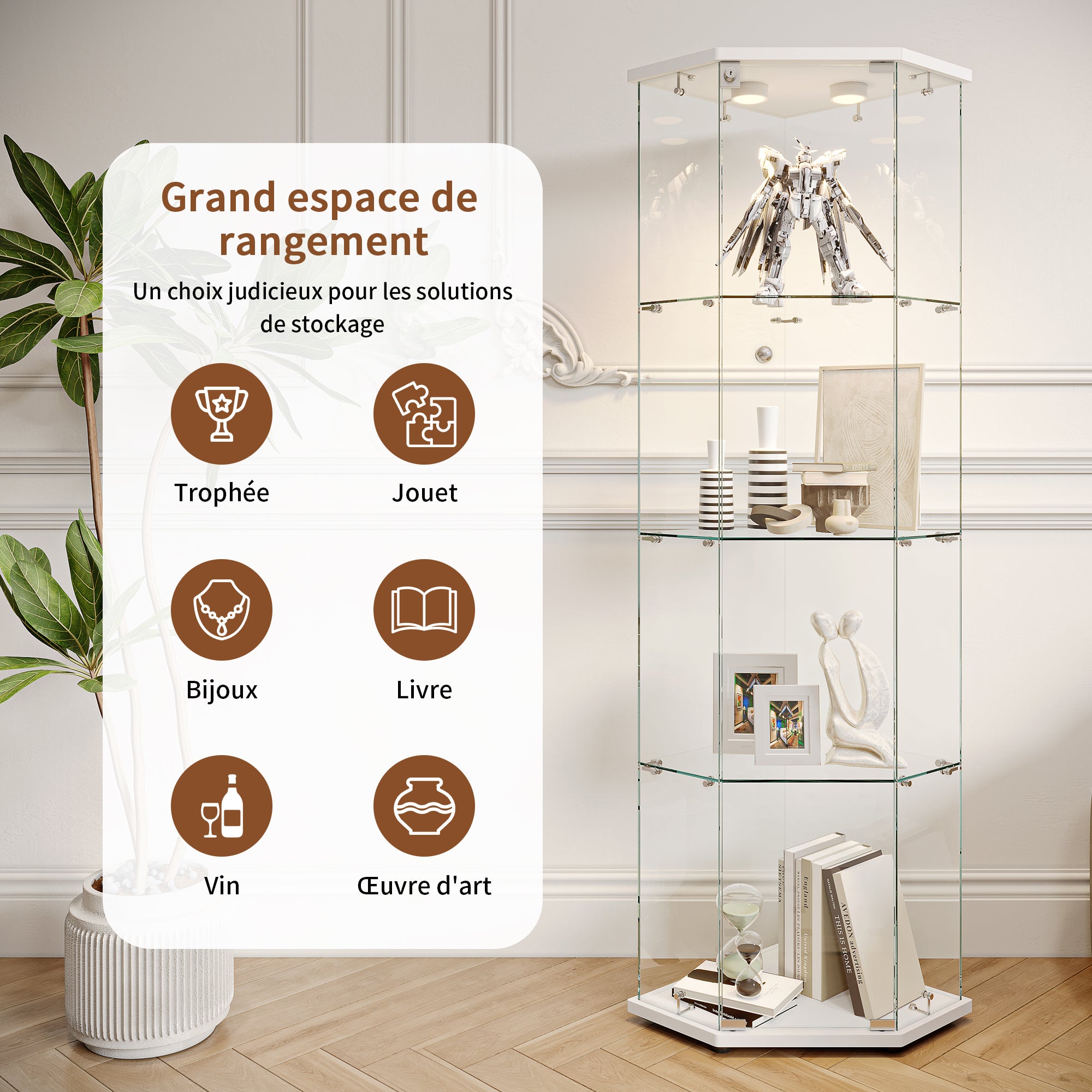 Vitrine en Verre, Vitrine pour collection Transparent en verre 4 Couches avec 1 Porte, LED Vitrine, pour salon et chambre à coucher,cinq angles - 6
