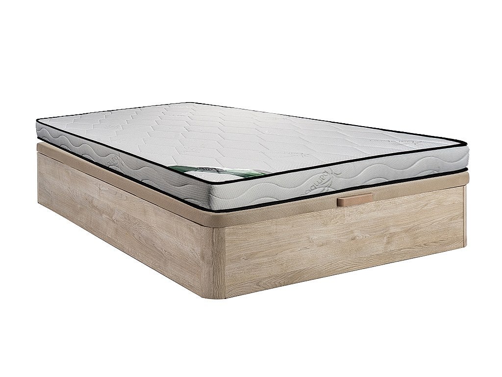 Zestaw 140 x 190 cm stelaż ze skrzynią naturalny jasny + materac piankowy o grub. 15 cm z bambusowym pokrowcem - KANANI marki NATUREA