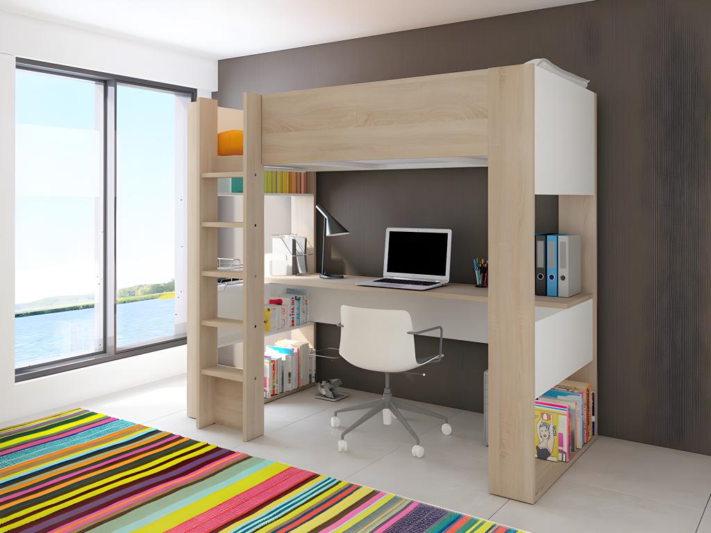 Lit mezzanine avec bureau et rangements intégrés - 90 x 200 cm - Chêne