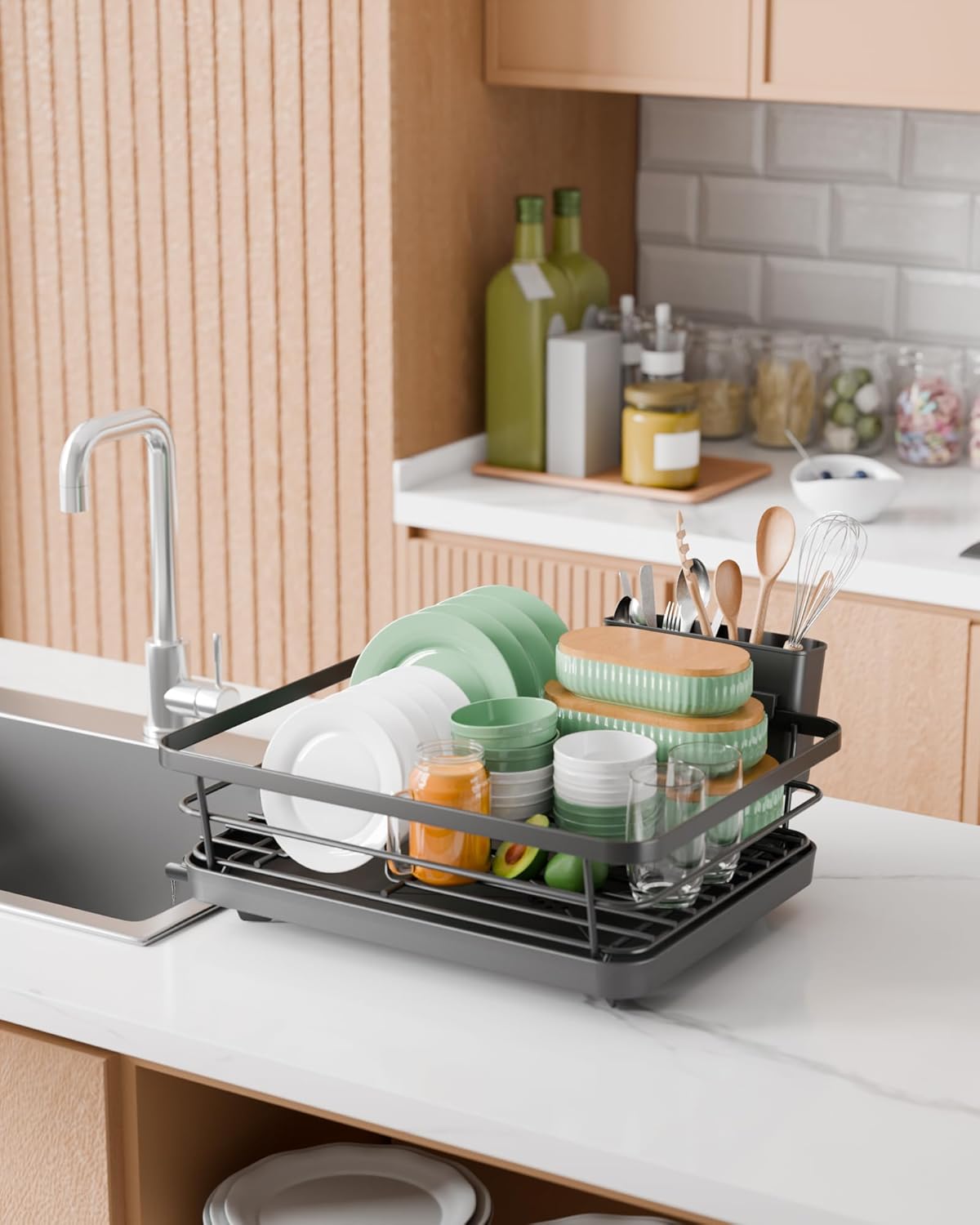 VNIMTI Scolapiatti Girevole In Acciaio Inox 360° Con Supporto Posate – Grande Capacità, Drenaggio Orientabile, Nero - 2