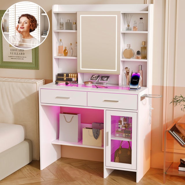 Coiffeuse avec éclairage, luminosité réglable, casiers visuels, miroir LED, avec prises, coiffeuse avec 2 tiroirs, 5 compartiments ouverts, blanche
