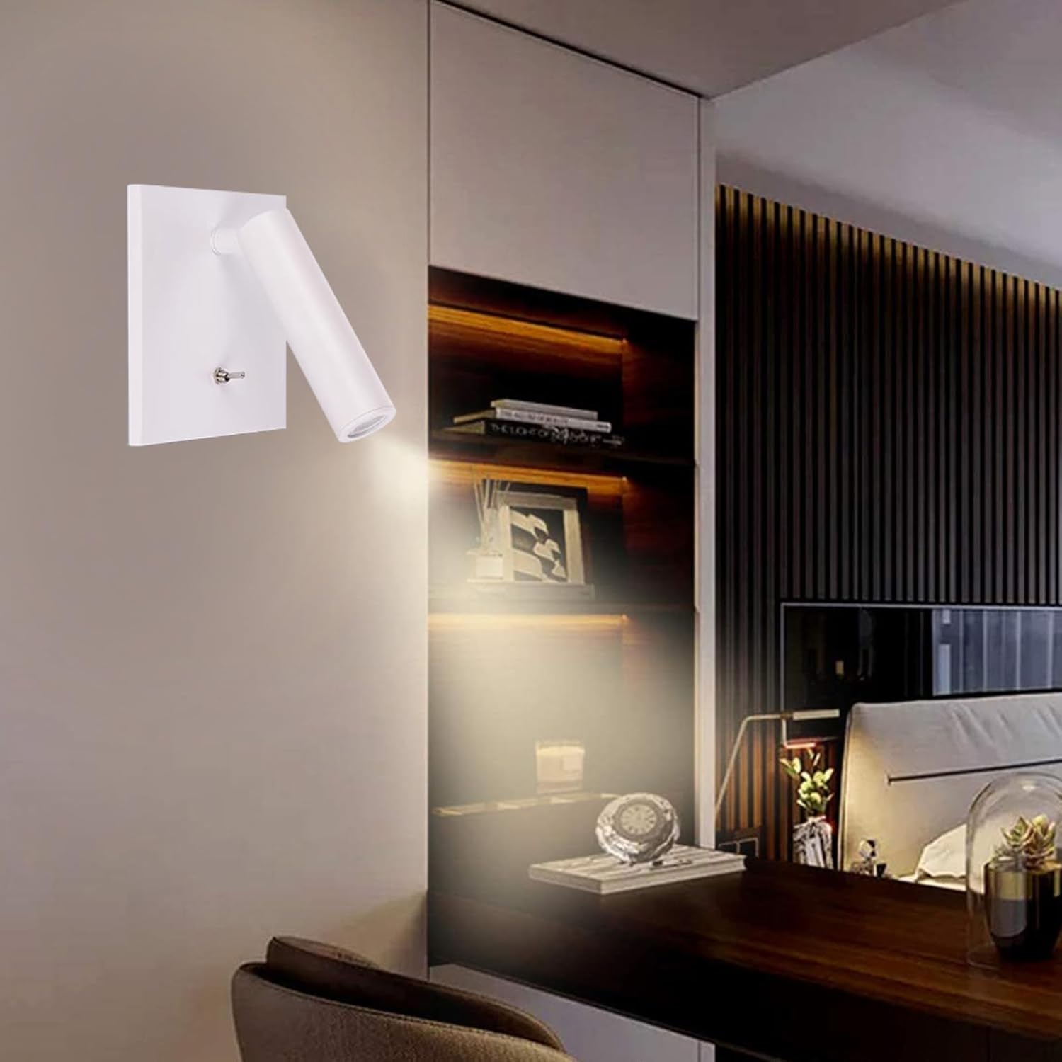 Nowoczesna, obrotowa o 90° lampa ścienna LED do wnętrz z włącznikiem, idealna do czytania, sypialni lub salonu (4000 K, kolor biały)